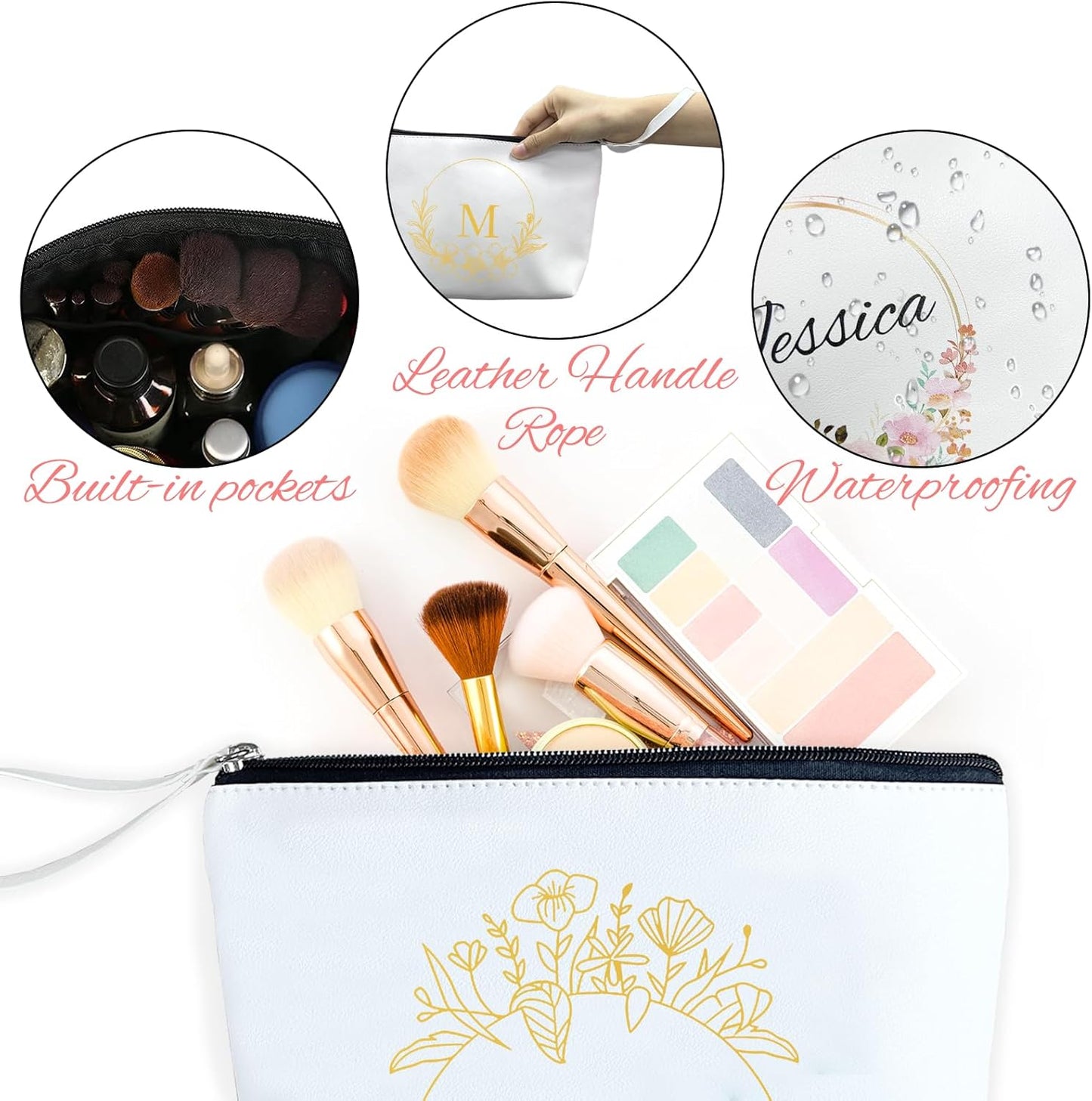 ubmpj Personalized Makeup Bag PU Leather Waterproof Custom Monogrammed Cosmetic Bag with Inner Pocket Gift for Wedding Birthday Christmas Bride Bridesmaid Friends