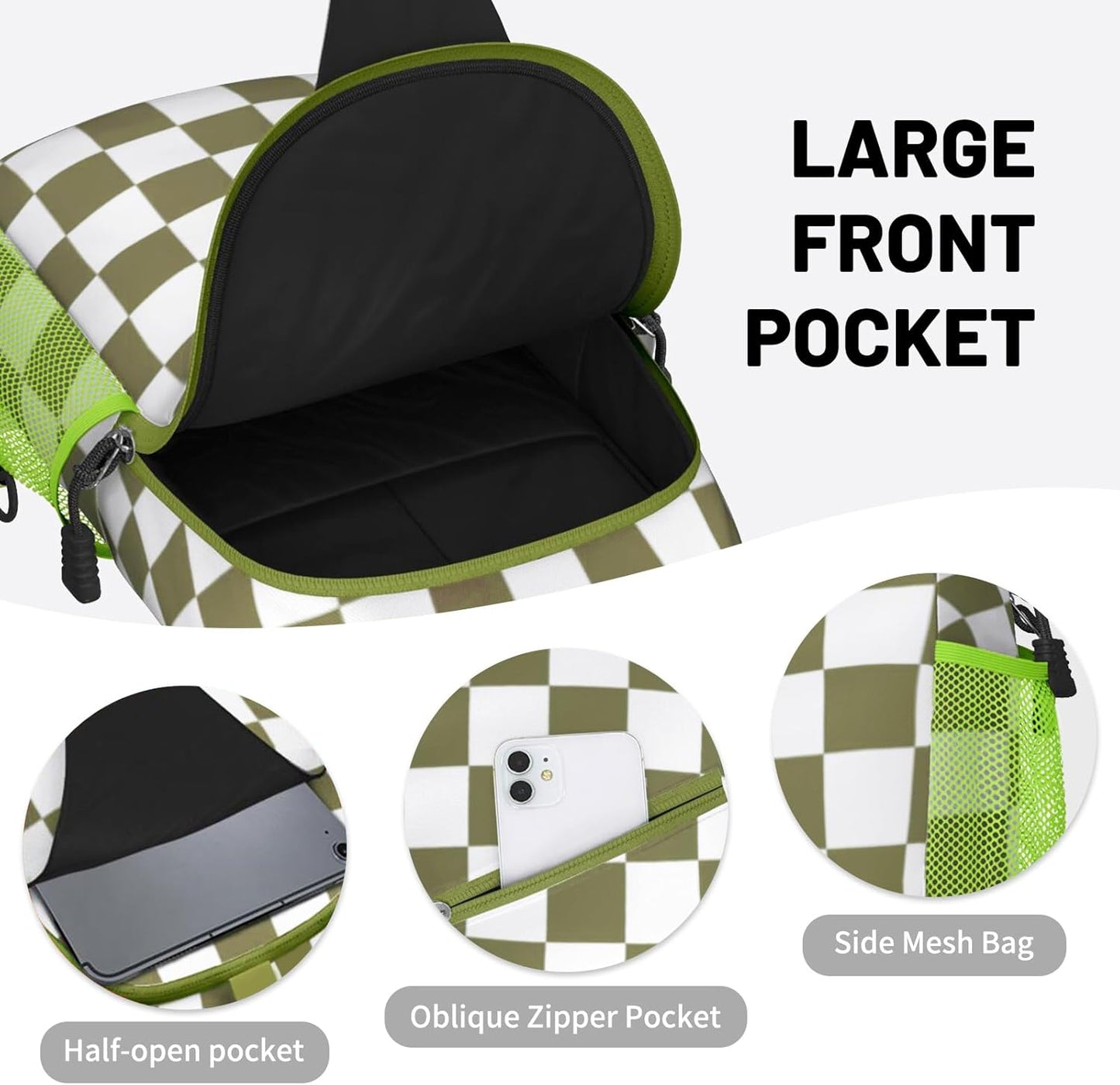 Green White Checkered Sling Bag Crossbody Chest Bag for Women Men, Water Resistant Lightweight Casual Crossbody Bag with Adjustable Strap, Travel Hiking Daypack Shoulder Backpack