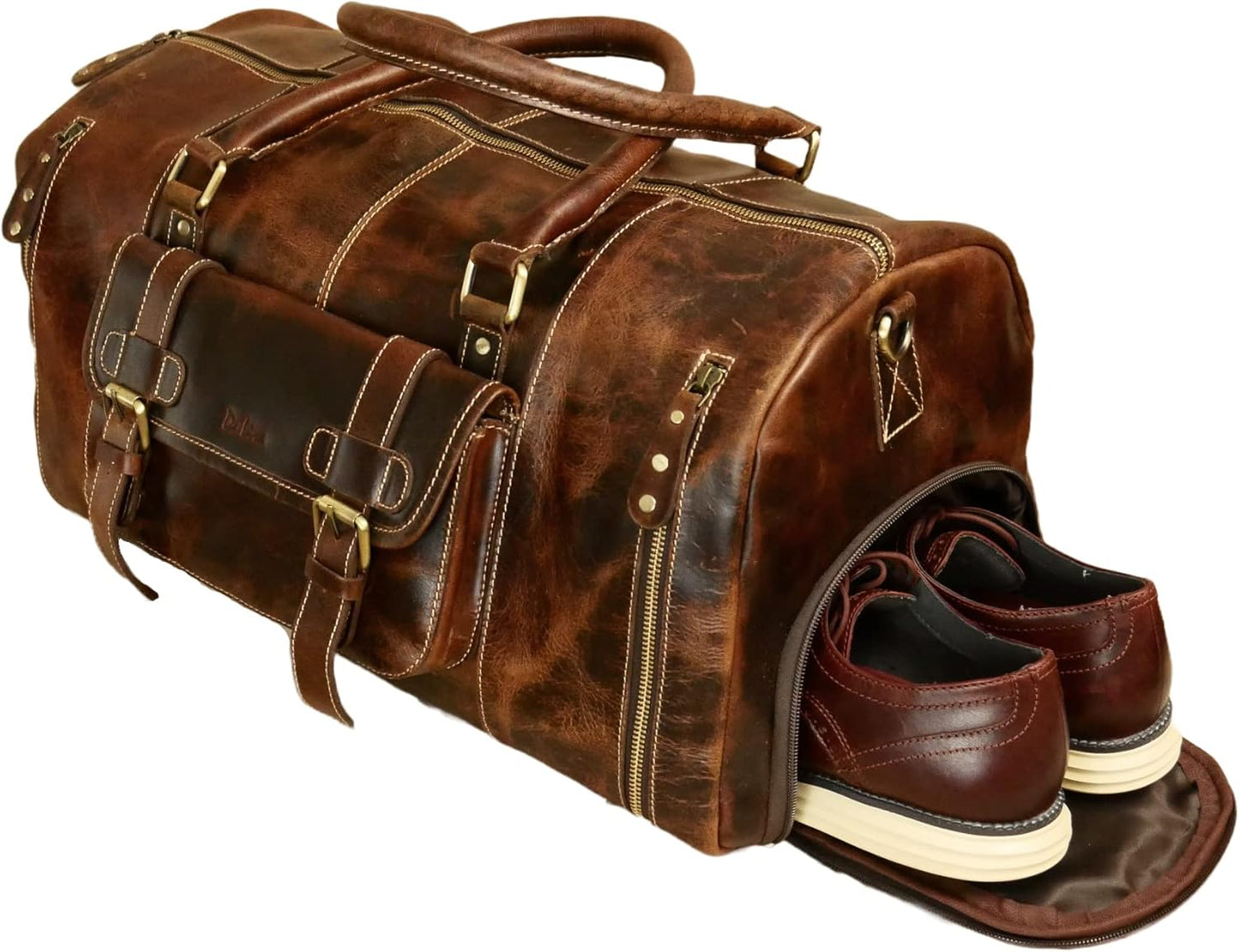 Genuine Full Grain Leather Carry On Travel Bag 21x11x10 with Trolley Straps, Shoe Compartment, Shouler Strap by De Lira