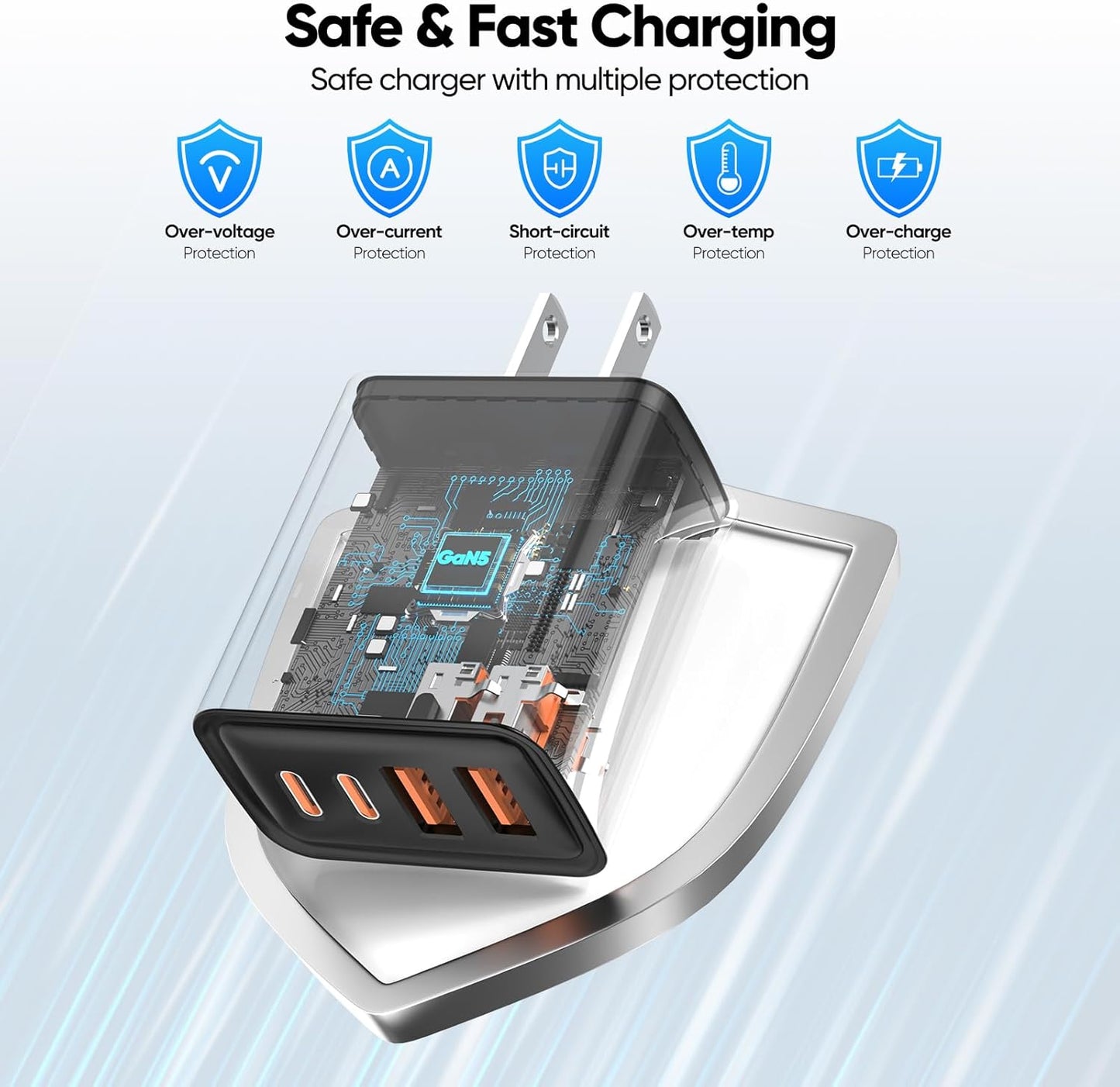[2-Pack] USB C Wall Charger,80W 4-Port Type C Fast Charging Block,USBC Multiport Wall Plug PD20W&QC20W GaN Charging Cube with 6.6FT USB C Cable for iPhone 17/16/15/14Pro Max/XS/XR, Samsung(Block)