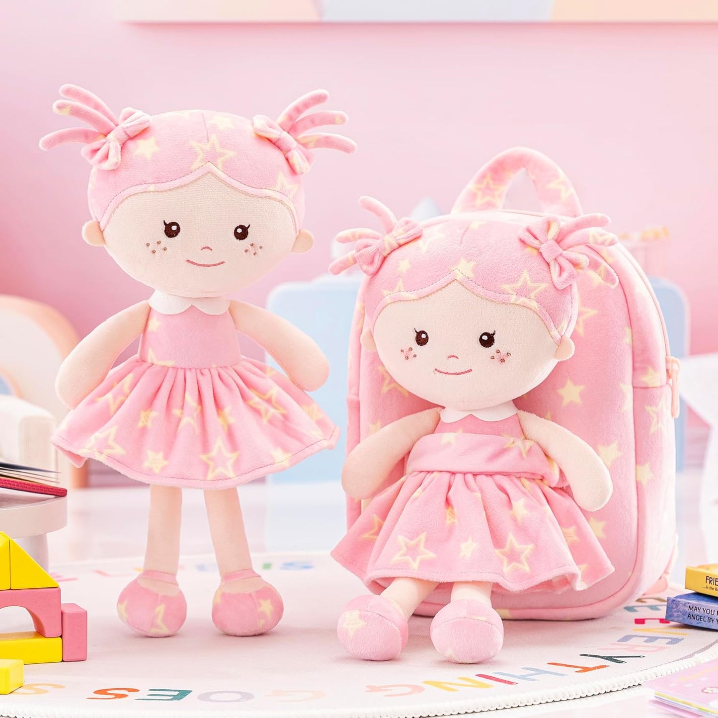 Onetoo Toddler Backpacks Back to School Gifts for Girls Kids Backpack with Soft Tanned Baby Dolls in Pink Star Dress 9"