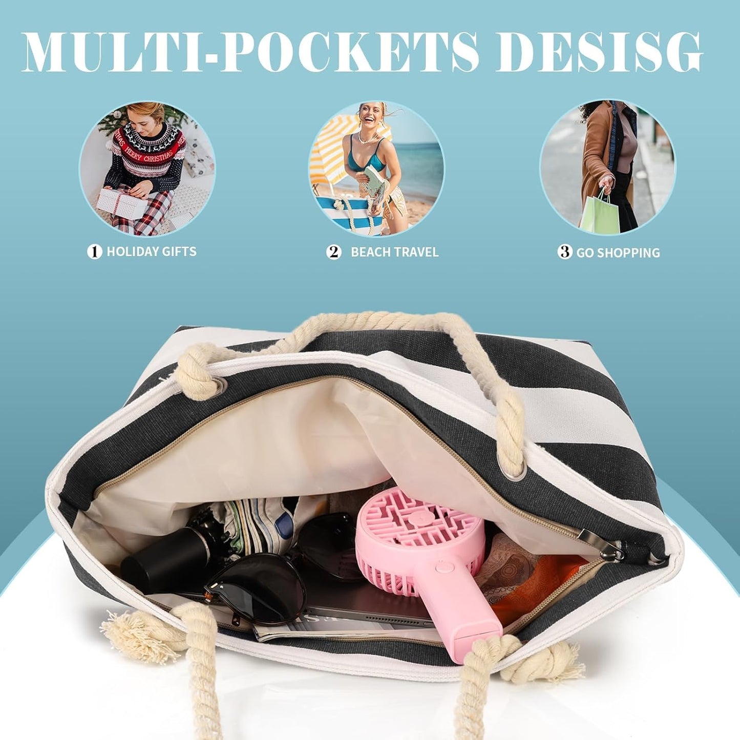 LAVTUG Beach Bags for Women, Large Canvas Beach Tote Bag Waterproof Sandproof Beach Bags Swim Pool Bag Travel Essentials