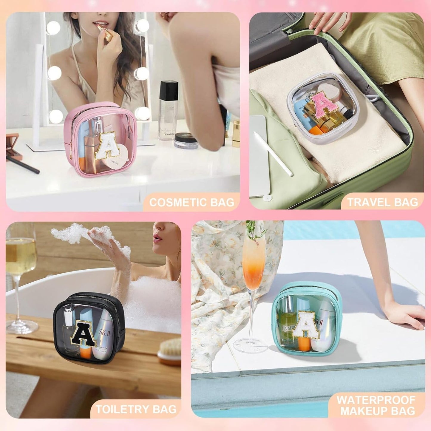 YOOLIFE Initial Make Up Bag Travel Toiletry Bag, Clear Makeup Bag Preppy Cosmetic Bags Organizer