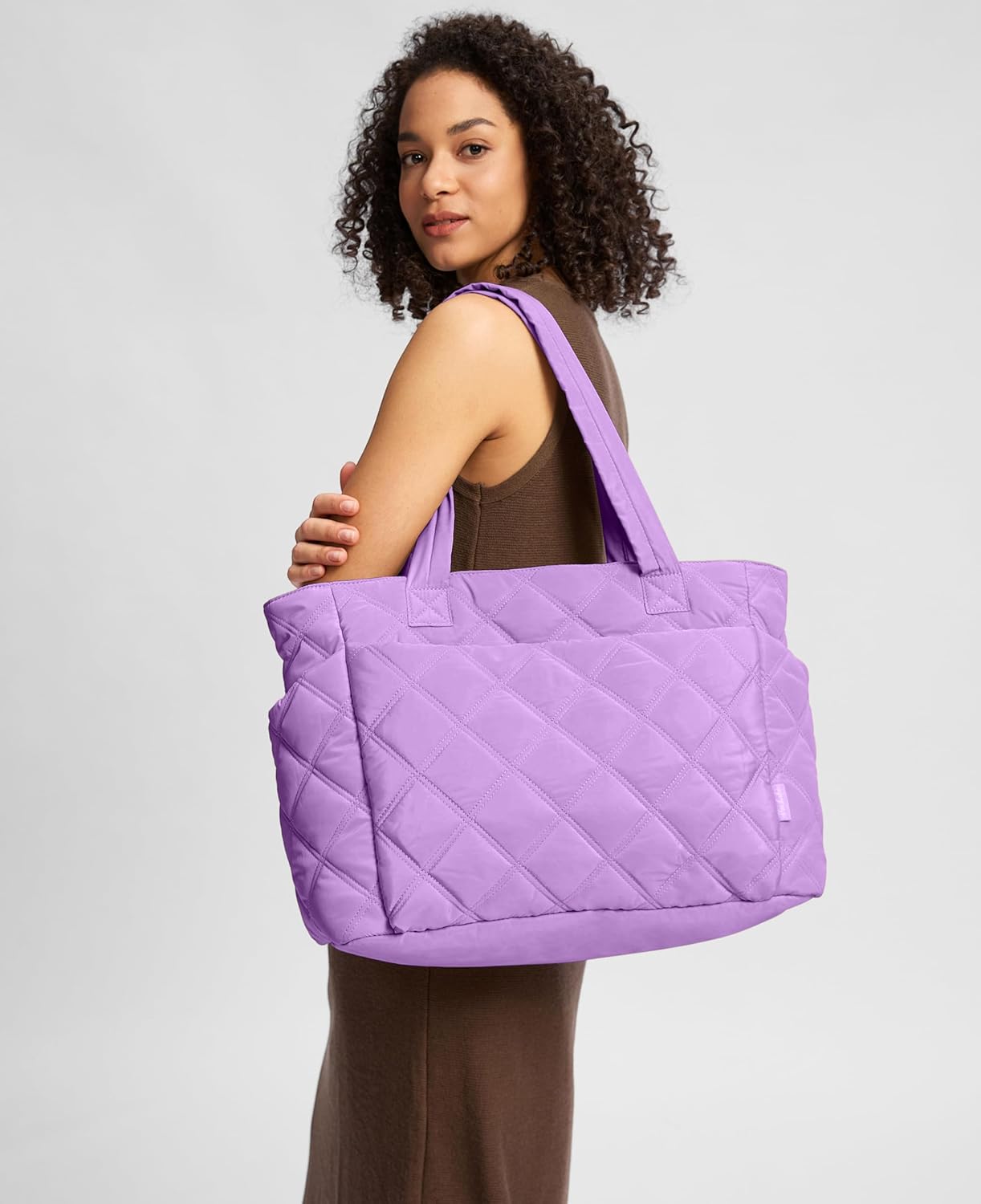 Tote Bag for Women, Lightweight Puffer Tote Work Bags with Compartments for Travel, Quilted Shoulder Bag with Zipper