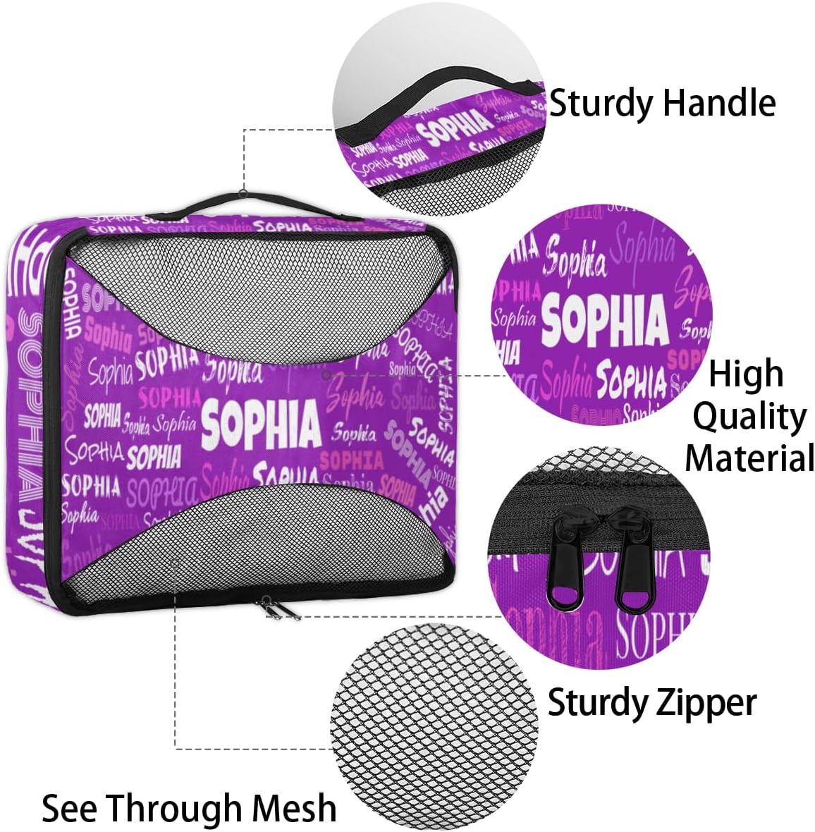 Personalized Compression Packing Cubes with Name, Dark Violet Purple 4 Set Mesh Travel Organizer