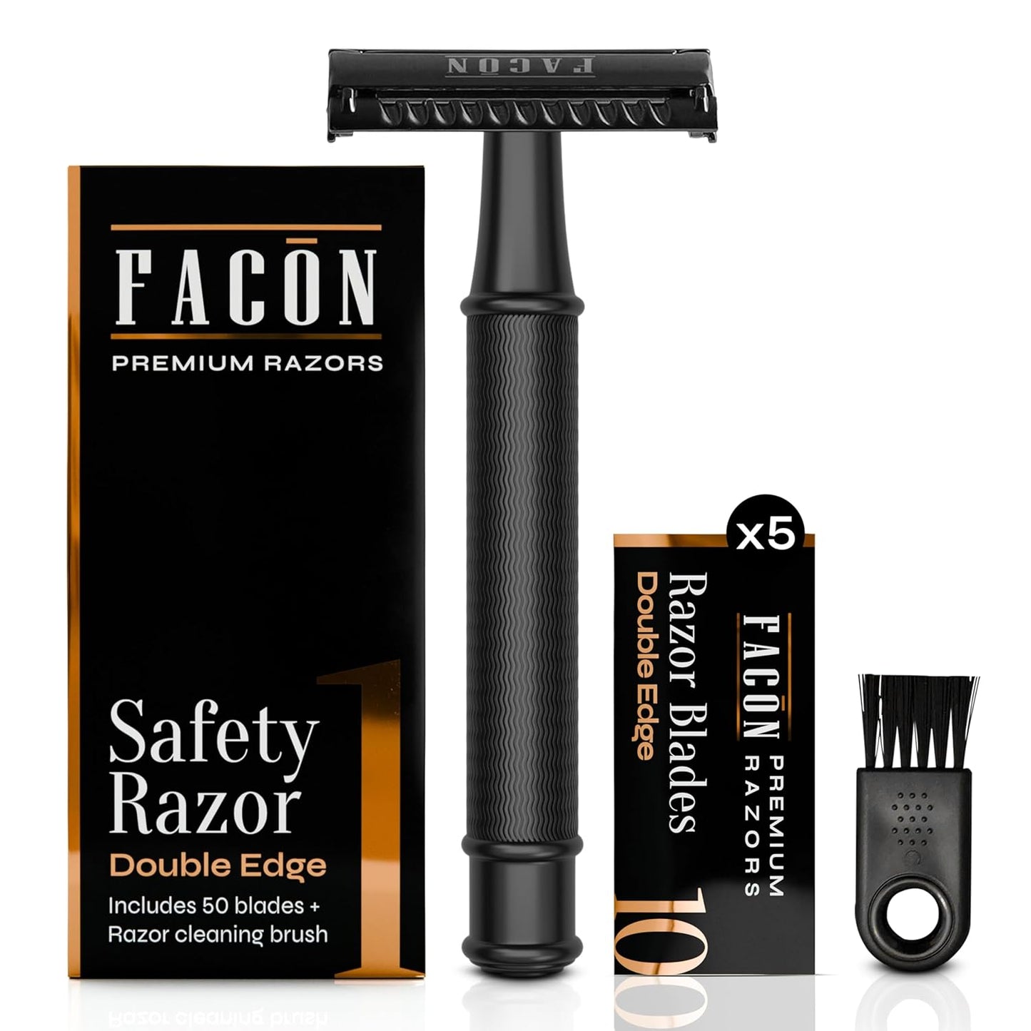 Facón Double Edge Safety Razor for Men & Women - Butterfly Open Stainless Steel Razor w/ 50 Platinum Double Edge Safety Razor Blades, Single Blade Razor for Smooth Close Shave, Reusable & Eco-Friendly