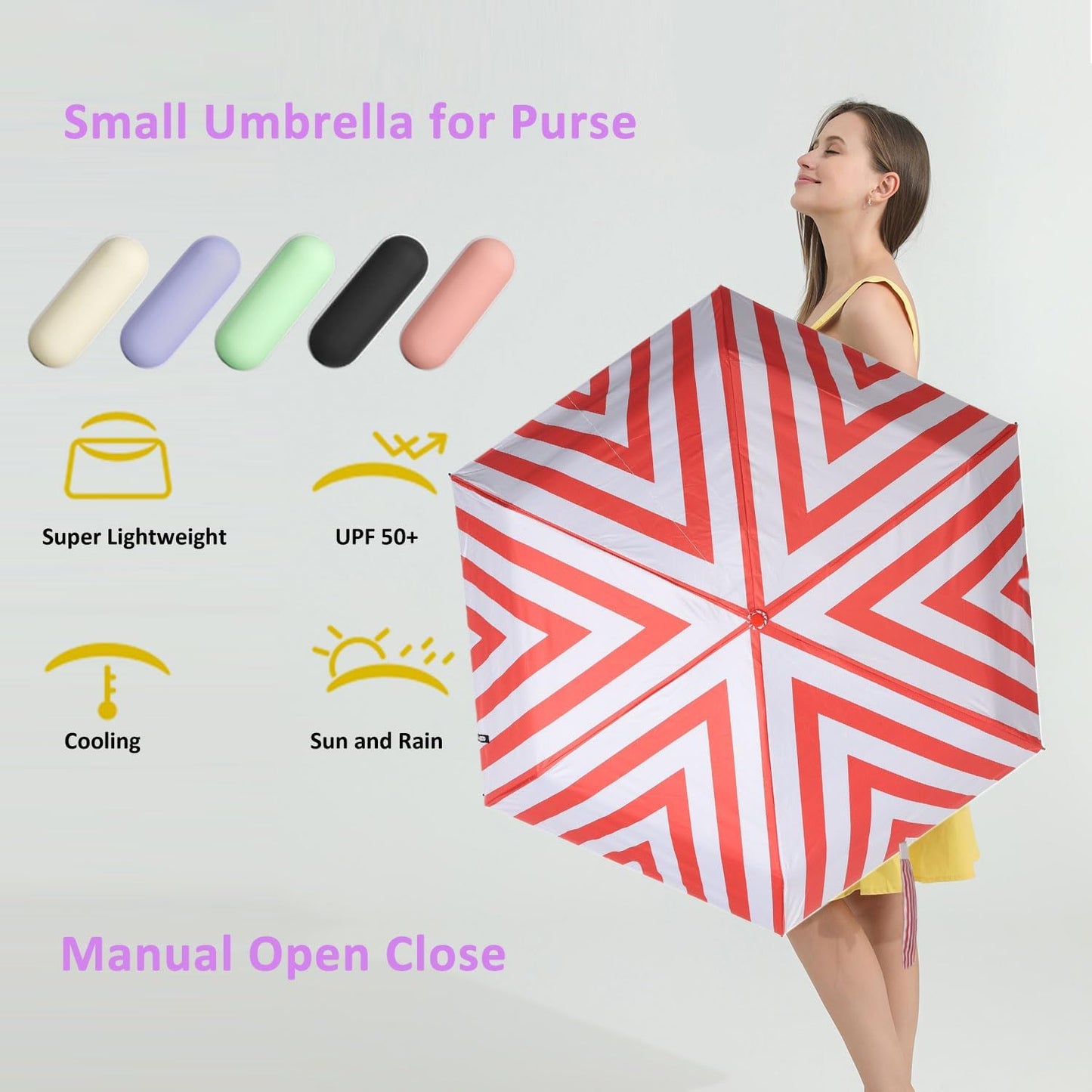 BAODINI Travel Essentials Mini Umbrella for Purse With Case Small Compact UV Sun Protection Lightweight Tiny Pocket Manual Open Close Umbrella for Women Kids and Men Fit Purse Backpack