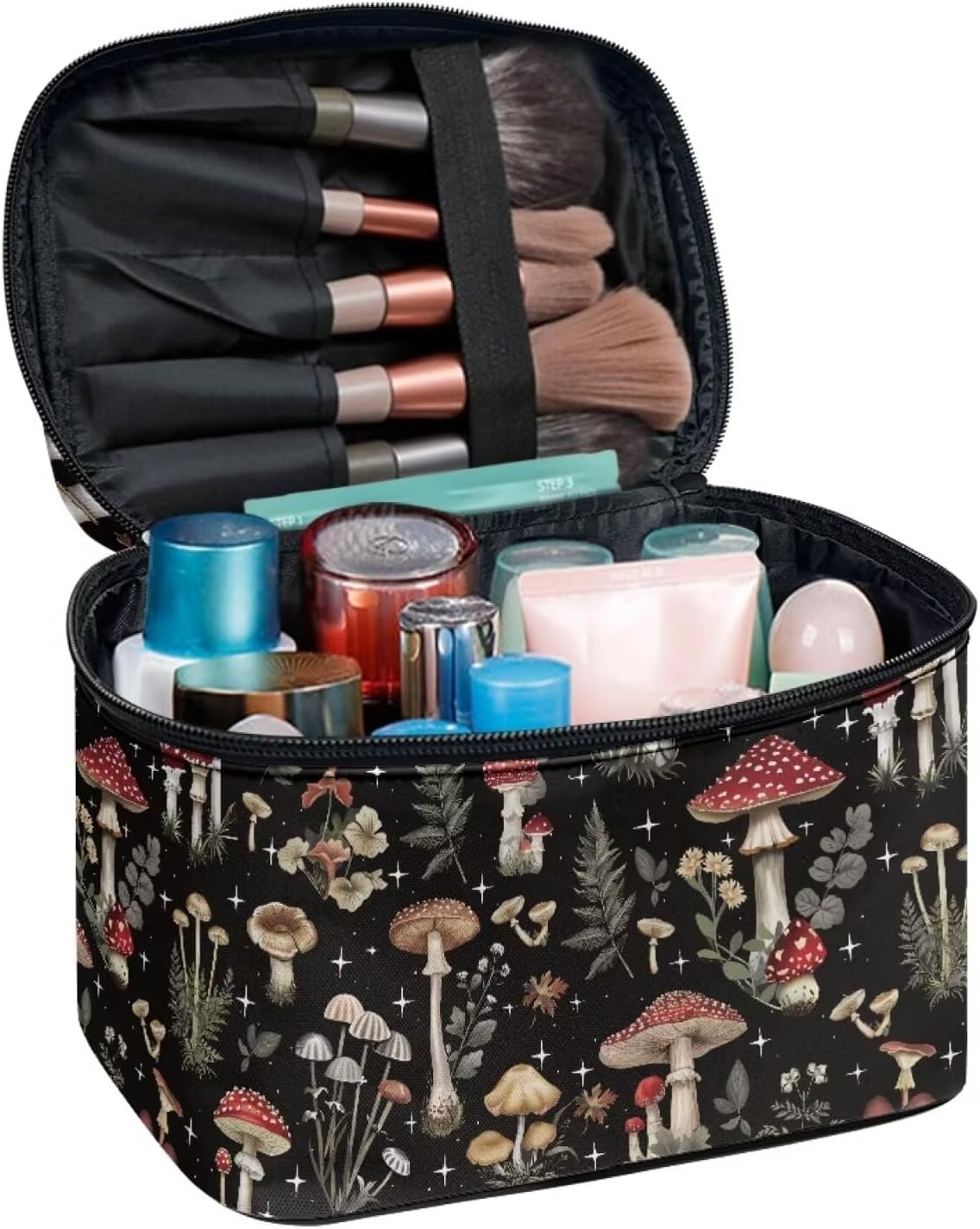 JoyLamoria Bronwn Mushroom Print Travel Makeup Bag Cute Mushroom Brush Bag Toiletry Bag for Women