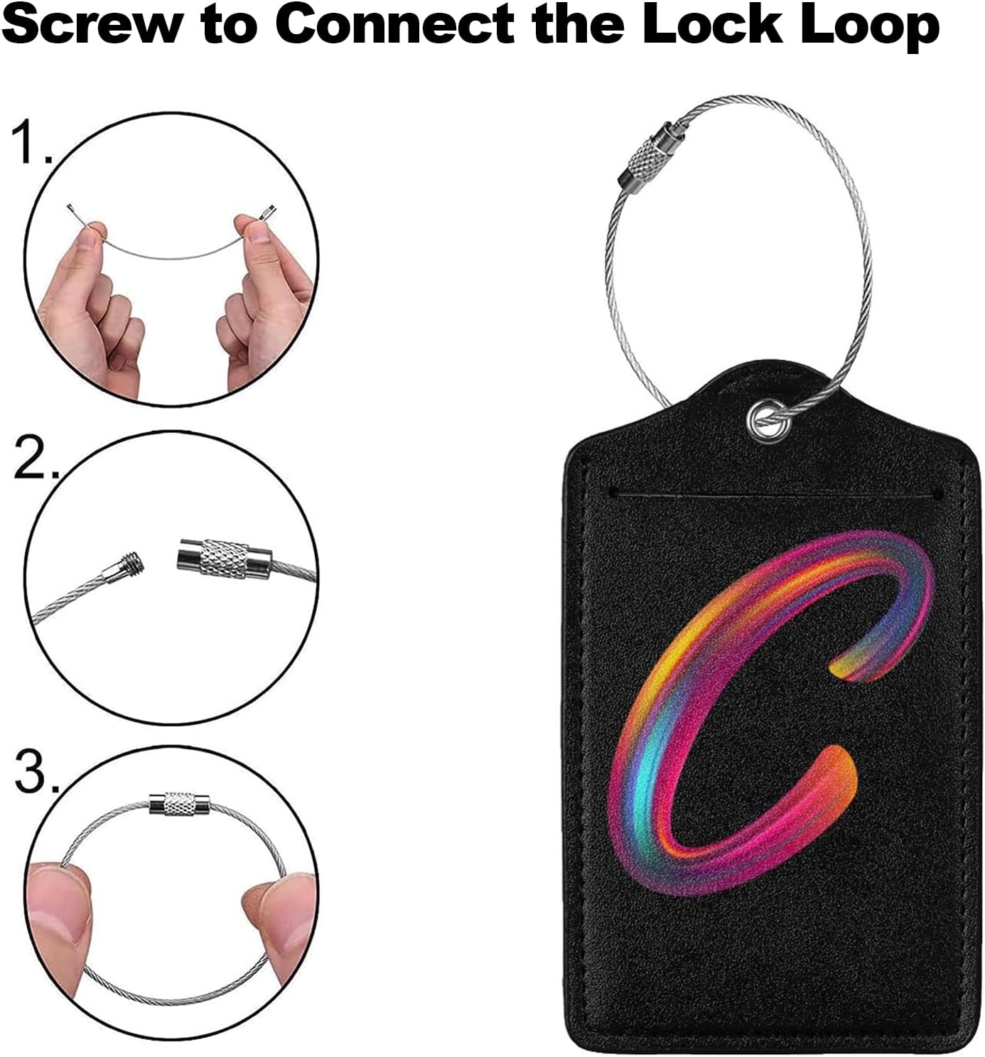 2 Pack Initial Luggage Tags for Suitcase, Colorful Letter Design Cruise Name Bag Tags, Novelty Baggage Identifiers with Full Privacy Cover, Leather ID Label for Women Men Kids Travel, Rainbow Letter C
