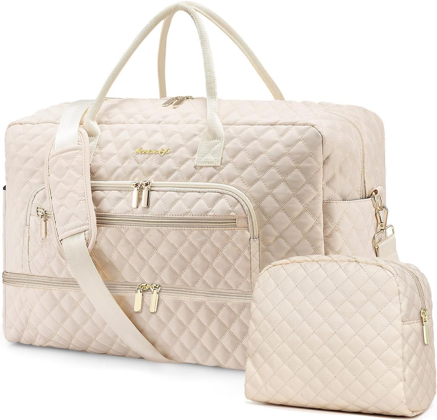 Weekender Overnight Bag Women: Large Travel Duffle Bag with Shoe Compartment & Wet Pocket Carry On Tote Bag Gym Duffel Bag with Toiletry Bag Bag for Hospital Beige