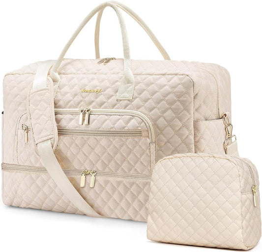 Weekender Overnight Bag Women: Large Travel Duffle Bag with Shoe Compartment & Wet Pocket Carry On Tote Bag Gym Duffel Bag with Toiletry Bag Bag for Hospital Beige