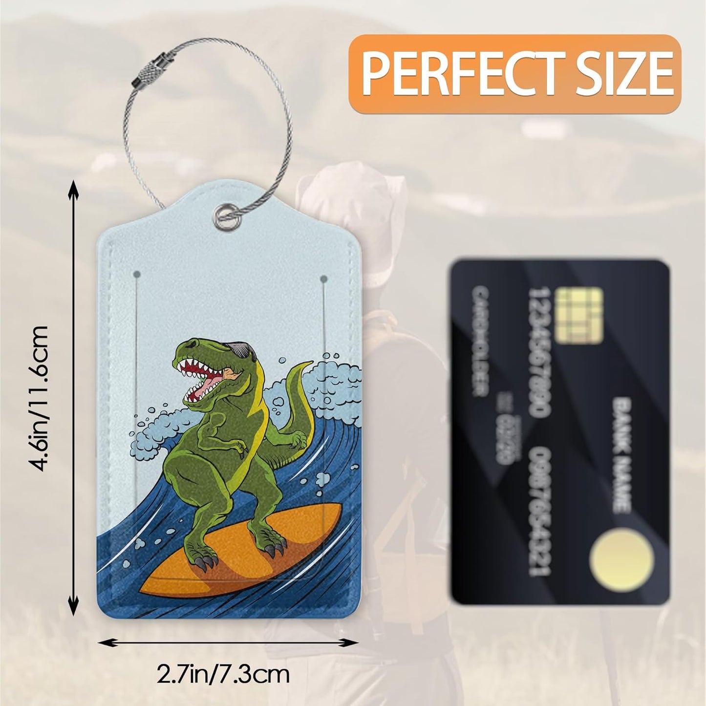 2 Pcs Luggage Tags for Suitcase,Dinosaur Surfing on Sea Luggage Tag Name Id Labels with Privacy Cover for Travel Backpack Women Men
