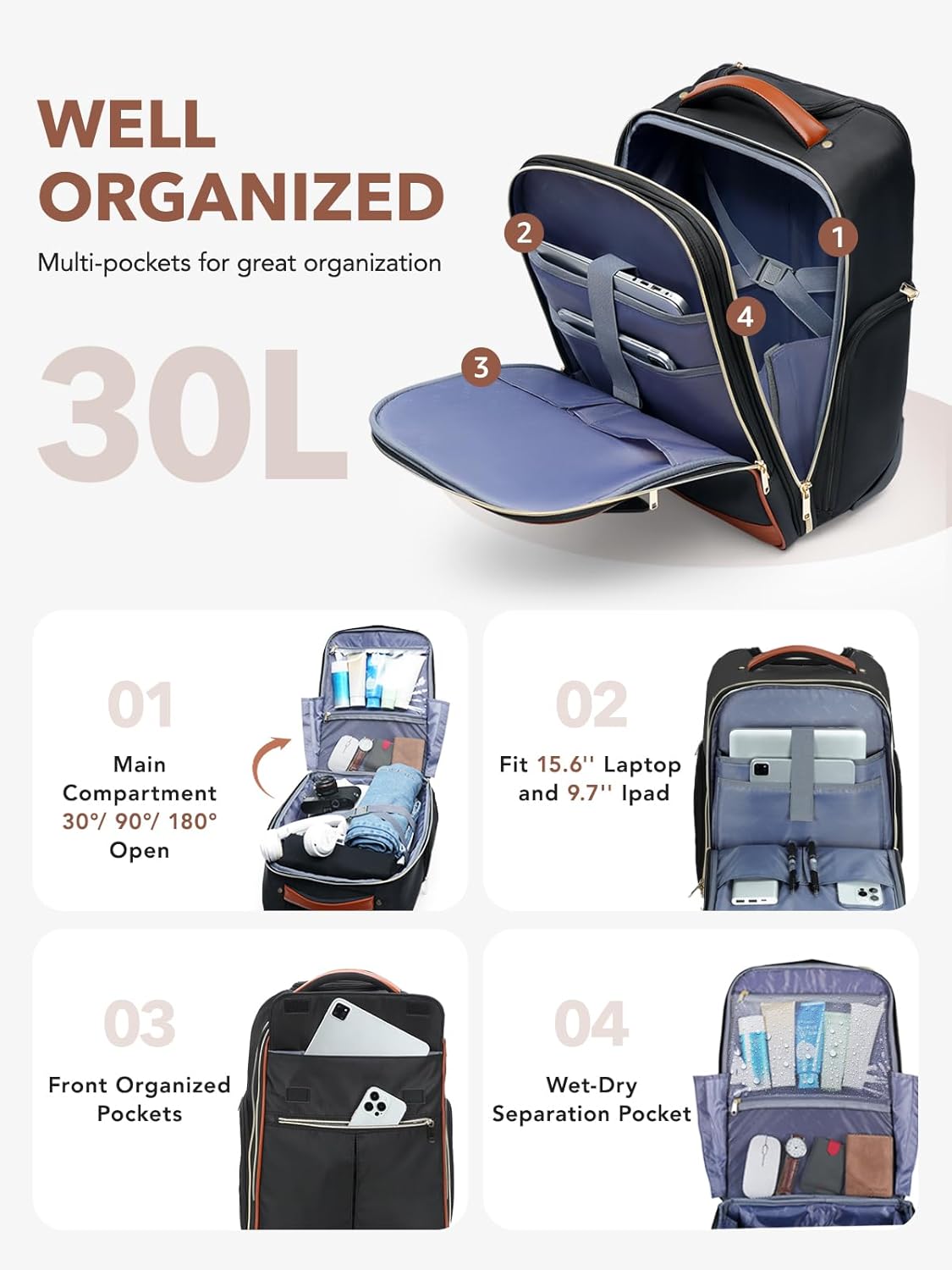 Rolling Backpack for Women, Large Travel Backpack with Wheels Carry on Flight Approved, 17 Inch Laptop Wheeled Roller Bag Suitcase Luggage for Work Bussiness Weekender (Black,L Underseat Size)