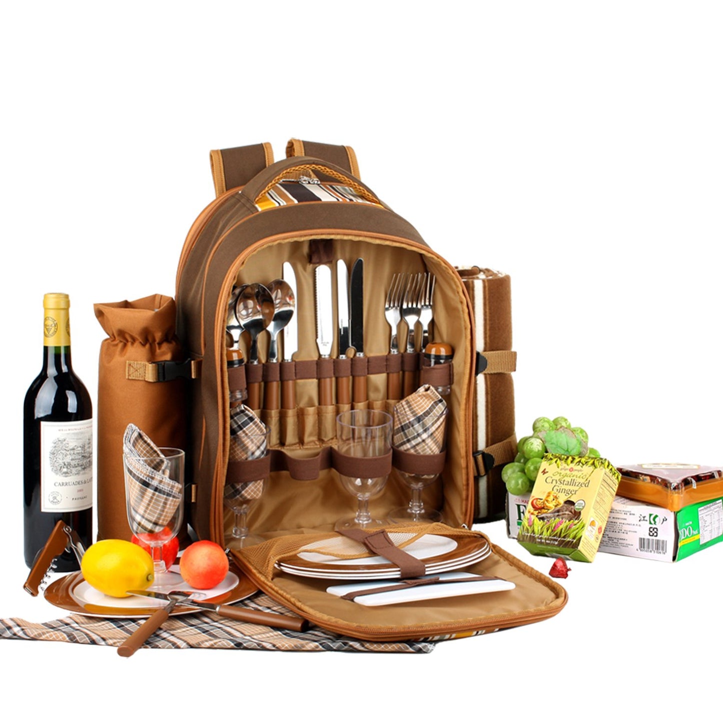 Picnic Backpack, 4-Person with Blanket & Wine, Family & Lovers Gift, Brown