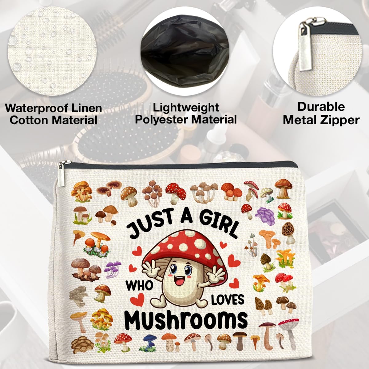 Mushroom Gifts Makeup Bag Mushroom Gifts for Women Teen Girls Sister Friend, Mushroom Lovers Gifts, Just a Girl Who Loves Mushrooms Zipper Makeup Pouch