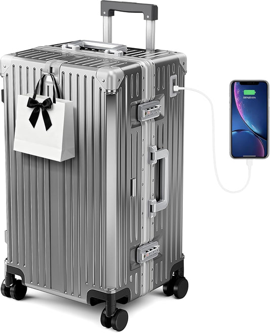 ALPHA CAMP Trunk Luggage, Large 26 Inch Thickened Aluminum Frame Luggage with TSA Spinner Wheels, 3-Layer PC Hardside Lightweight Zipperless Travel Suitcase, Type-C USB Charging Port, Cup Holder Grey