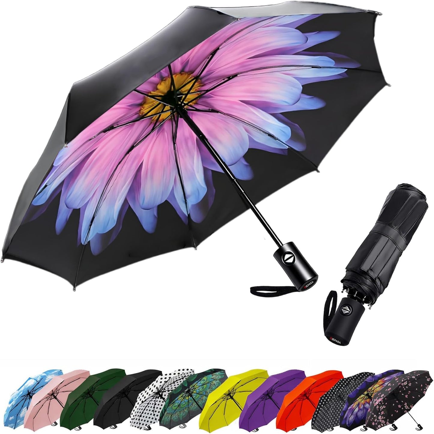 SIEPASA Compact Travel Umbrella - Windproof Auto Open/Close, Small Folding Umbrella for Rain - Lightweight & Durable with Fiberglass Frame, Waterproof Canopy - Fits Backpack, Purse, Suitcase. (Glaze)