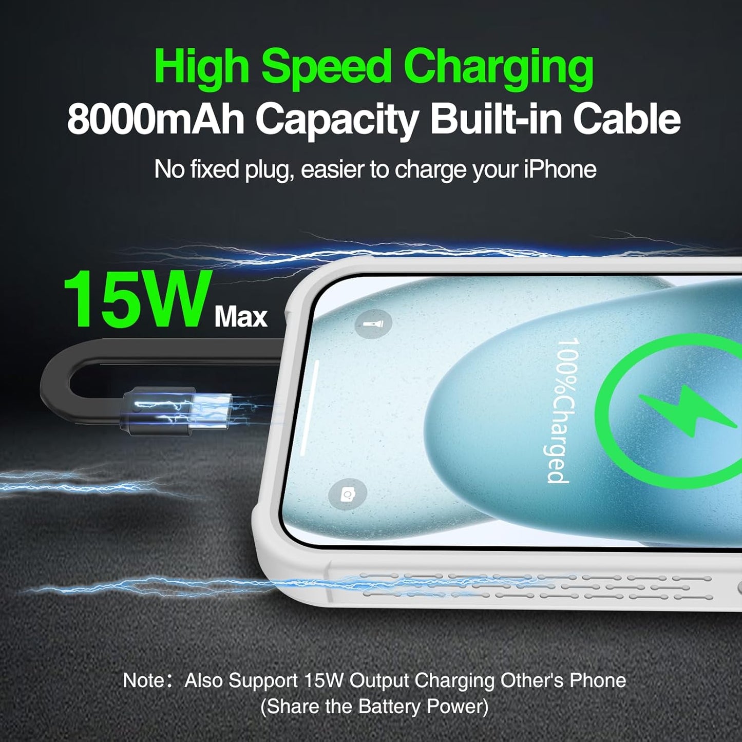GIN FOXI Fast Charging Battery Case for iPhone 15 Pro Max/15 Plus, 8000mAh 15W Ultra Slim Charger Case Rechargeable Portable Extended Power Bank Case Cover Battery Pack Built-in Cable, Grey(6.7”)