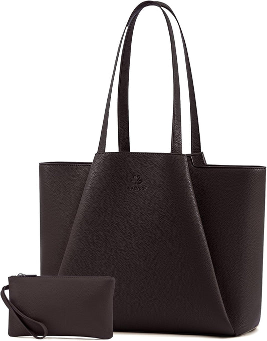 LOVEVOOK Laptop Tote Bag for Women - 15.6 Inch Faux Leather Work Tote Bag For women with Clutch, Large Capacity Office Purse for Casual Business Travel, Coffee