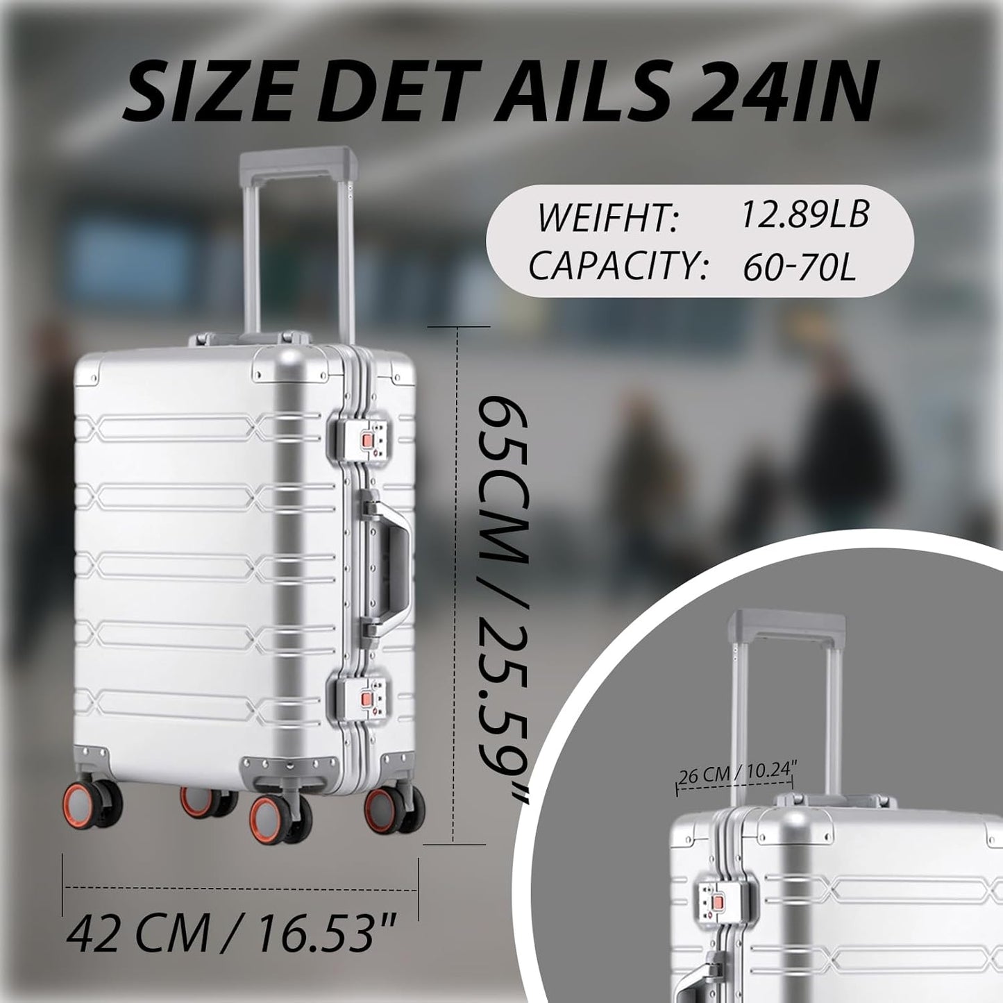 Tmore Aluminum Frame Luggage with Spinner Wheels, with TSA Locks Hard Shell Suitcase, Business 24" Silver Medium