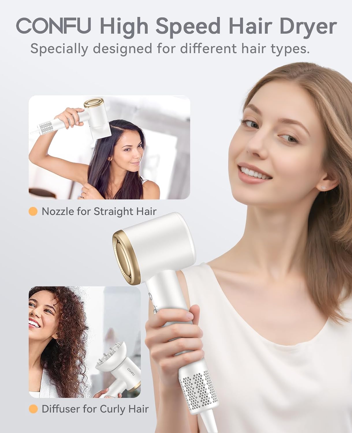 CONFU Professional Hair Dryer with Diffuser - 110,000 RPM High-Speed Ionic Blow Dryer for Fast Drying & Frizz Control - Lightweight for Home, Travel, Curly Hair