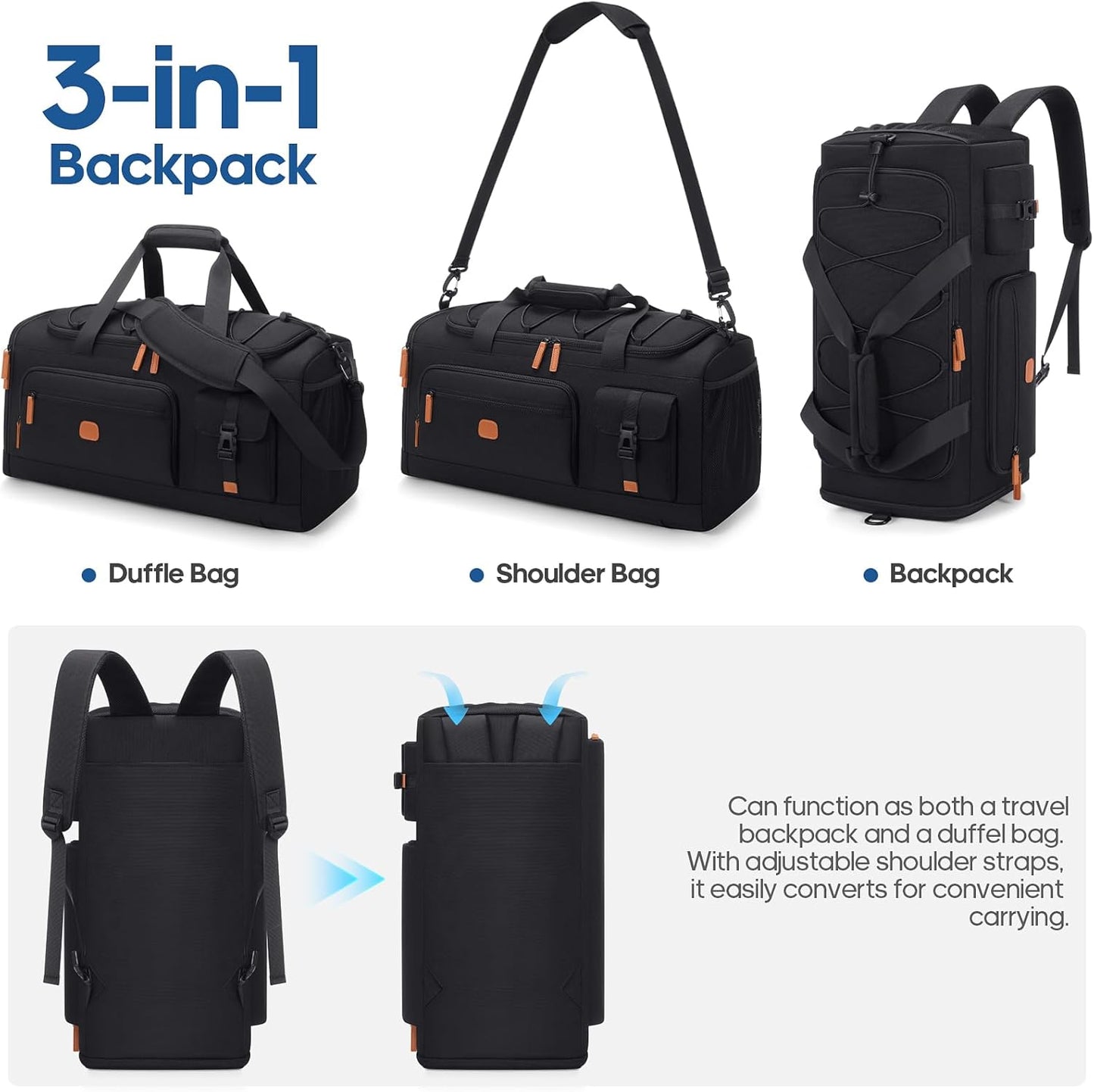 Gym Bag for Men and Women with Shoe & Laptop Compartment, 3-in-1 Sports Travel Duffel Bag Anti-Theft Weekender Carry-On Backpack for Airplane & Workout, Overnight Travel Bag,35L (Black, Medium)