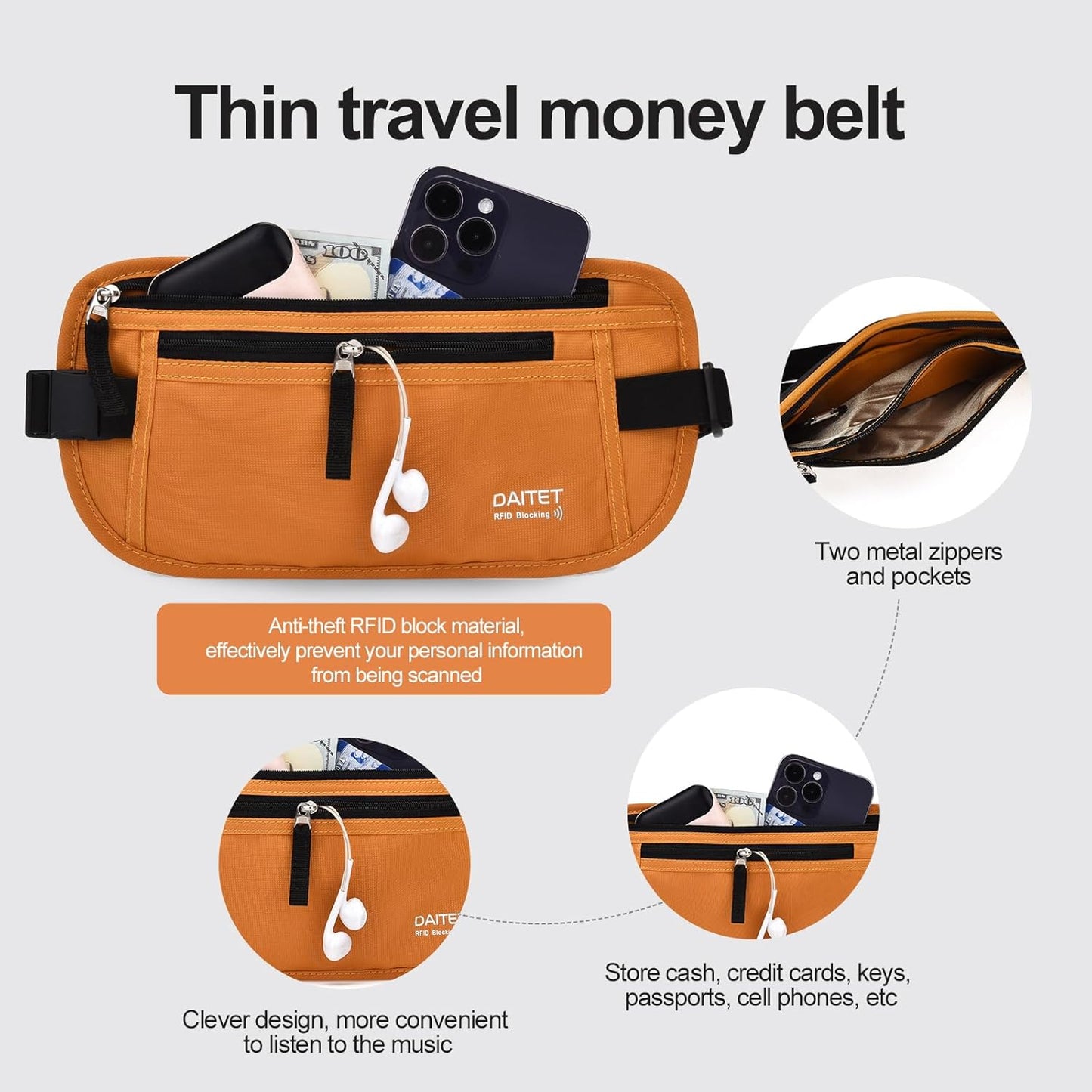 RFID Blocking Money Belt for Men Women, Slim Fanny Pack for Travel，Running,Conceal Waist Wallet for Passport Holder,Phone,Cash(Brown Orange)