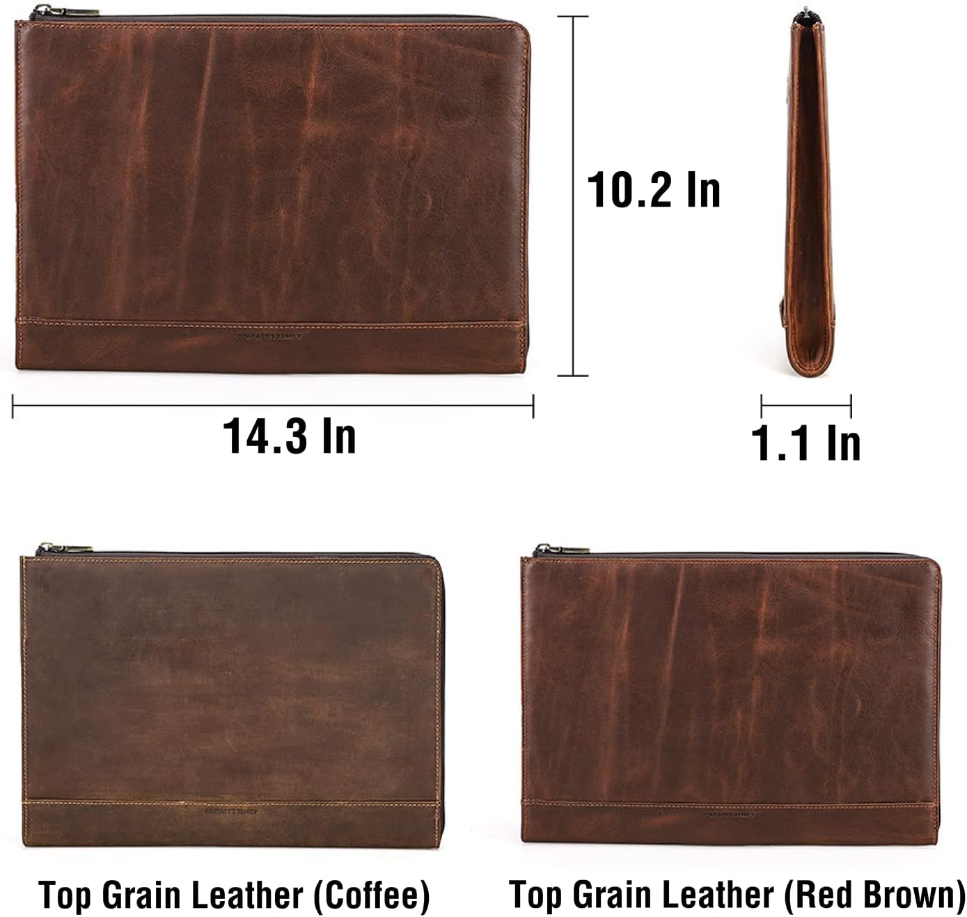 Top Grain Leather 14.2" Slim Laptop 90° Zipper Bag, Vintage Design, Handmade, Compatible with MacBook Pro/Air 14"/13.3"/13.6" 2021 2022 M1 Pro/M1 Max A2442 & Other Laptop, Coffee 14.2 Inch