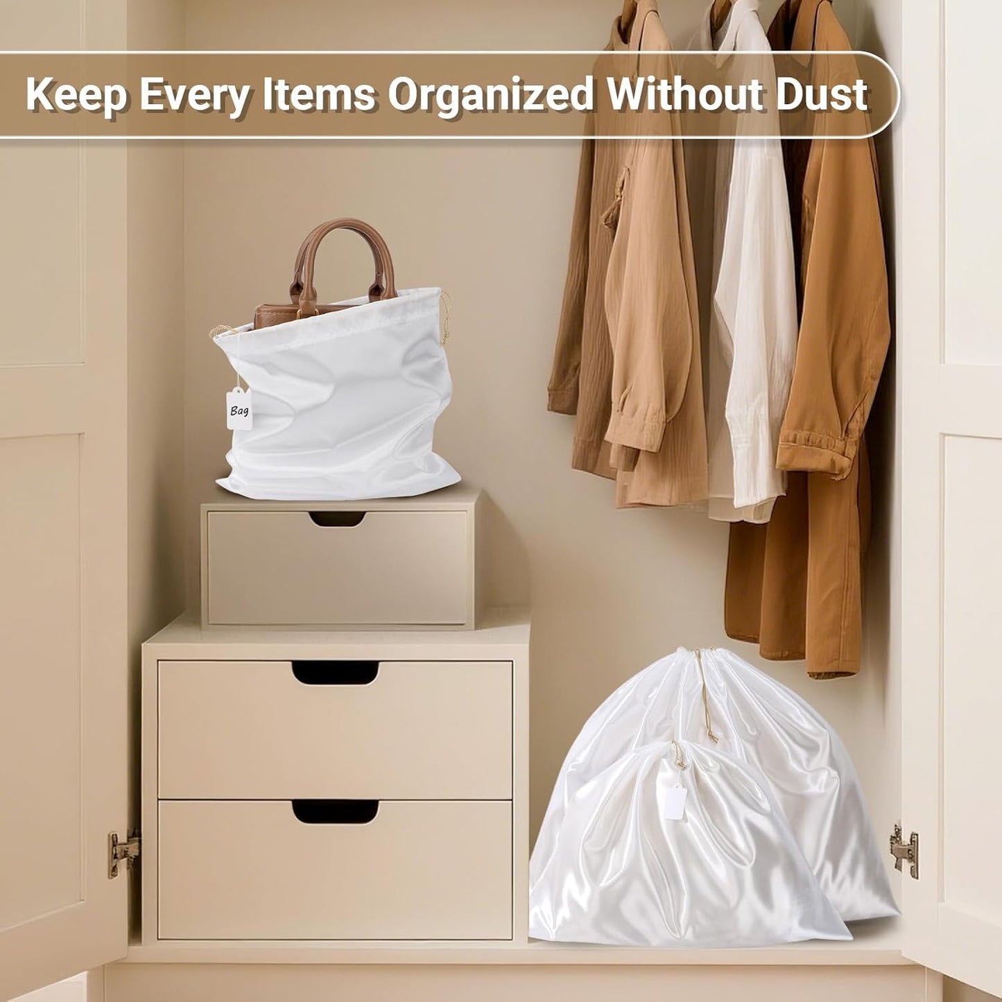 Ewen 7Pcs Dust Bags for Handbags, Satin Travel Dust Cover Bag, 2Pack 11.8x15.7in DustBag for Shoes, 2Pcs 19.6x15.7in Storage, Pack of 3 23.6x19.6in Bag for Purse, White Silk Cloth Bags with Drawstring
