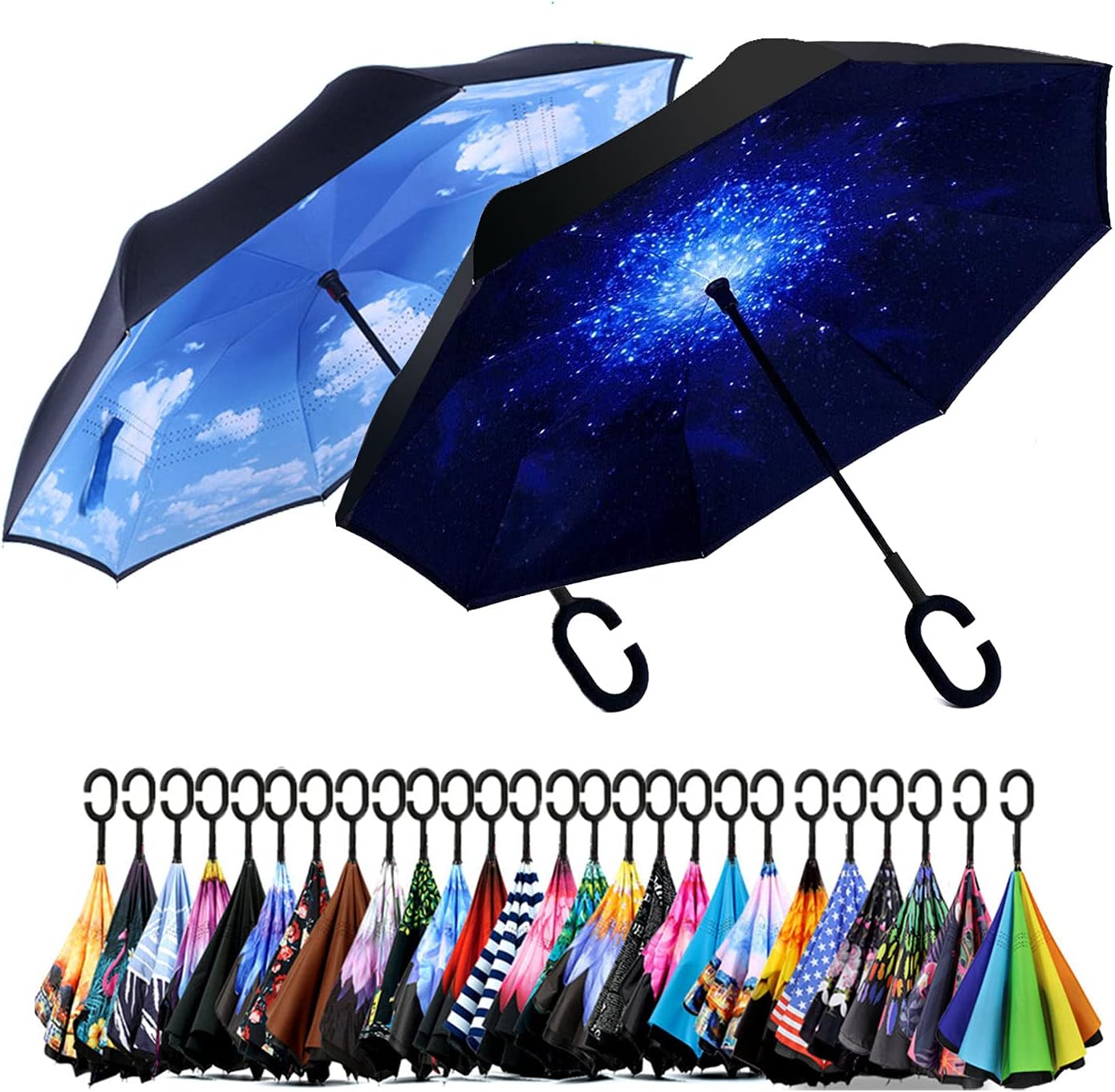 SIEPASA 49/56 Inch Inverted Reverse Upside Down Umbrella, Extra Large Double Canopy Vented Windproof Waterproof Stick Golf Umbrellas with C-shape Handle.
