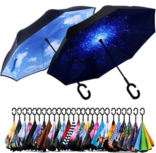 SIEPASA 49/56 Inch Inverted Reverse Upside Down Umbrella, Extra Large Double Canopy Vented Windproof Waterproof Stick Golf Umbrellas with C-shape Handle.