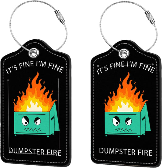 2 Pcs Luggage Tags for Suitcase, Cute Unique PU Leather Travel Bag Tag with Privacy Cover ID Label Address Card and Durable Metal Ring Suitable for Men Women Children Backpack,Dumpster fire