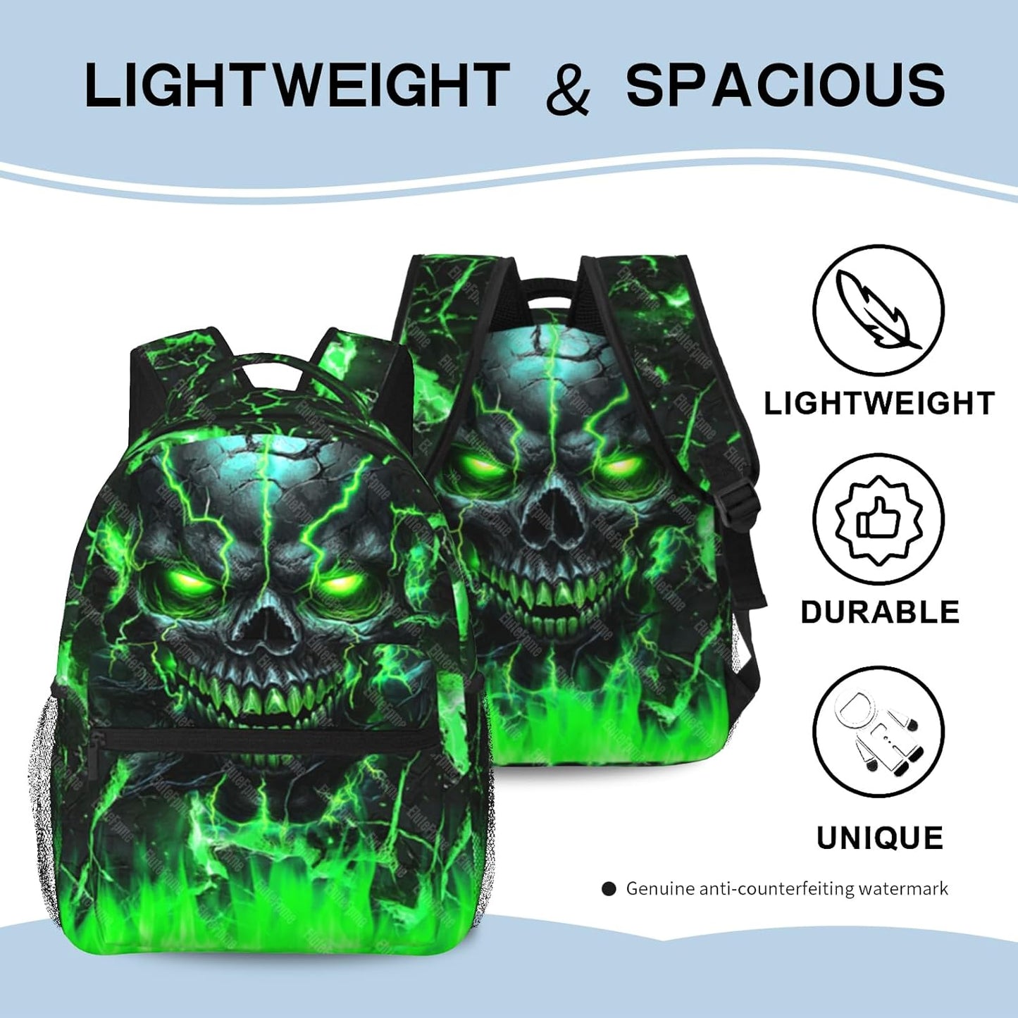 Cool Flame Skull School Backpack for Boys Skull Pattern Boys Backpack Travel Kids' Backpacks Children Teens Elementary Middle School Students Bookbag Back Pack for Age 6-18