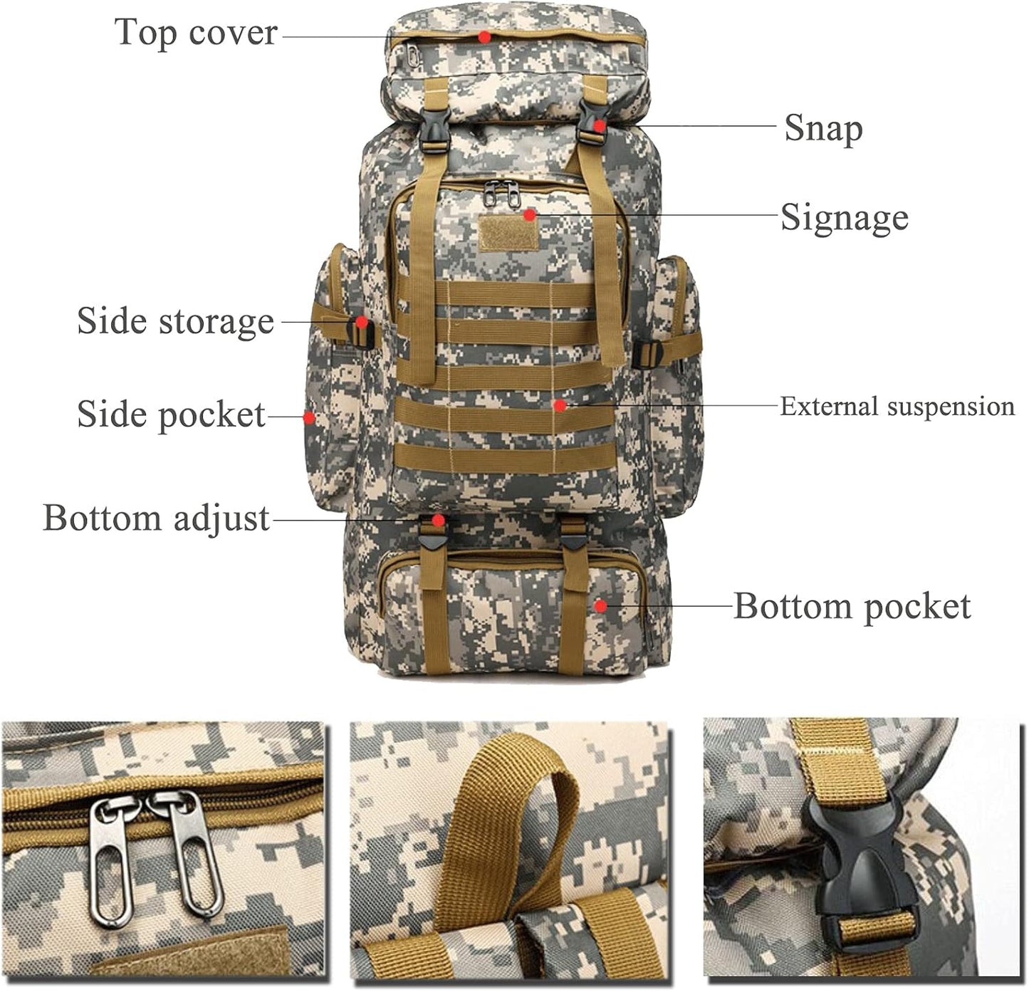 70L Hiking Backpack for Men, Waterproof Lightweight Camping Backpack, Military Rucksack with Molle, 3-Day Assault Pack for Travel, Climbing, Outdoor Sports(Black)