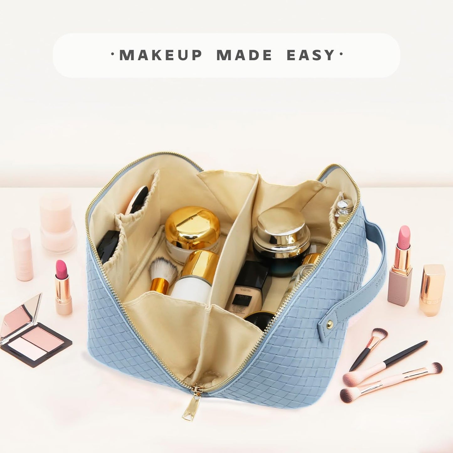 Travel Makeup Bag – Large Cosmetic Organizer with Waterproof PU Leather, Smooth Double Zipper & Tear-Resistant Lining, Toiletry Pouch for Women (Ice)