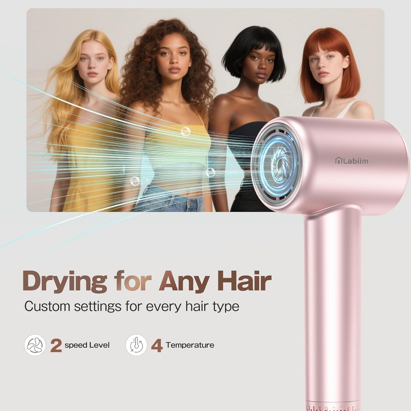 Hair Dryer, High-Speed Ionic Low Noise Blow Dryer with Brushless Motor for Fast Drying, Thermo-Control Quiet Compact Hair Blow Dryer, Hairdryer with 1 Nozzle Attachments for Home Salon Travel