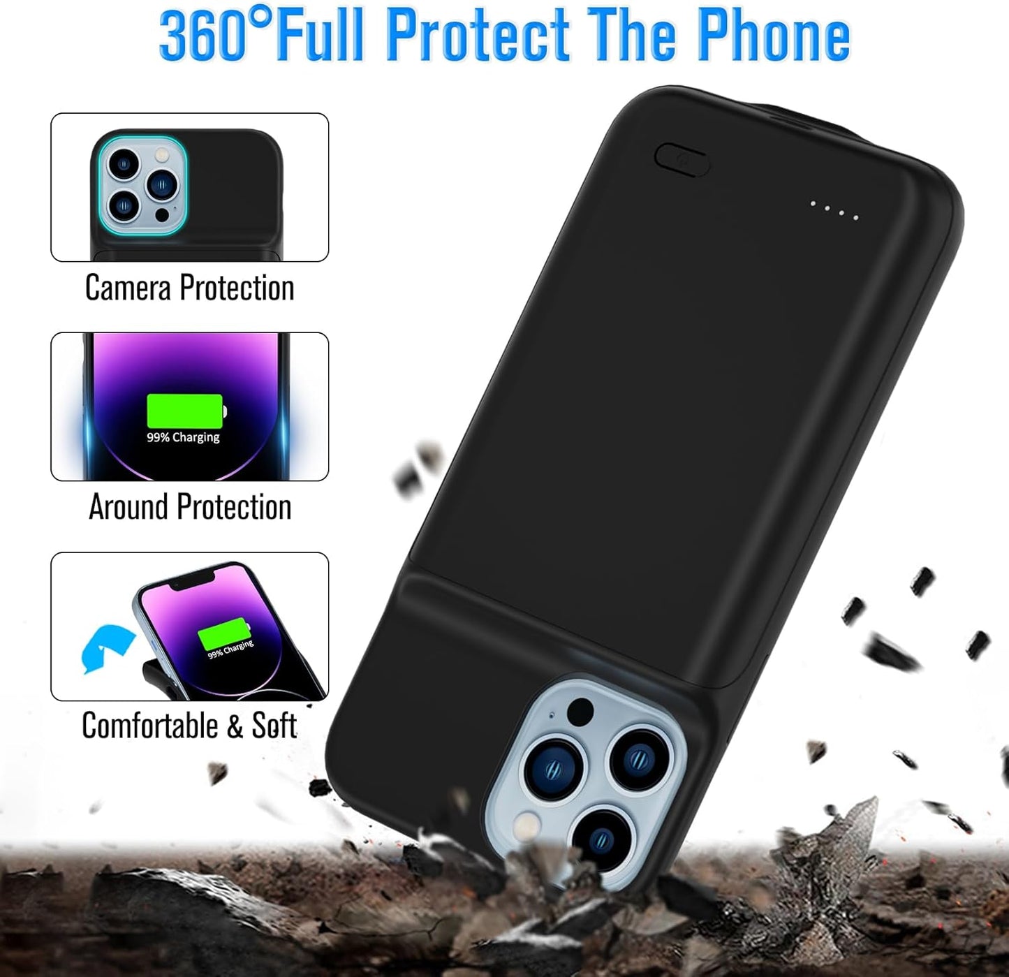 Gladgogo Battery Case for iPhone 14 Pro Max, Powerful 8500mAh Portable Protective Charging Case Charger Cover Rechargeable Extended Battery Pack Compatible with iPhone 14 Pro Max (6.7 inch) - Black