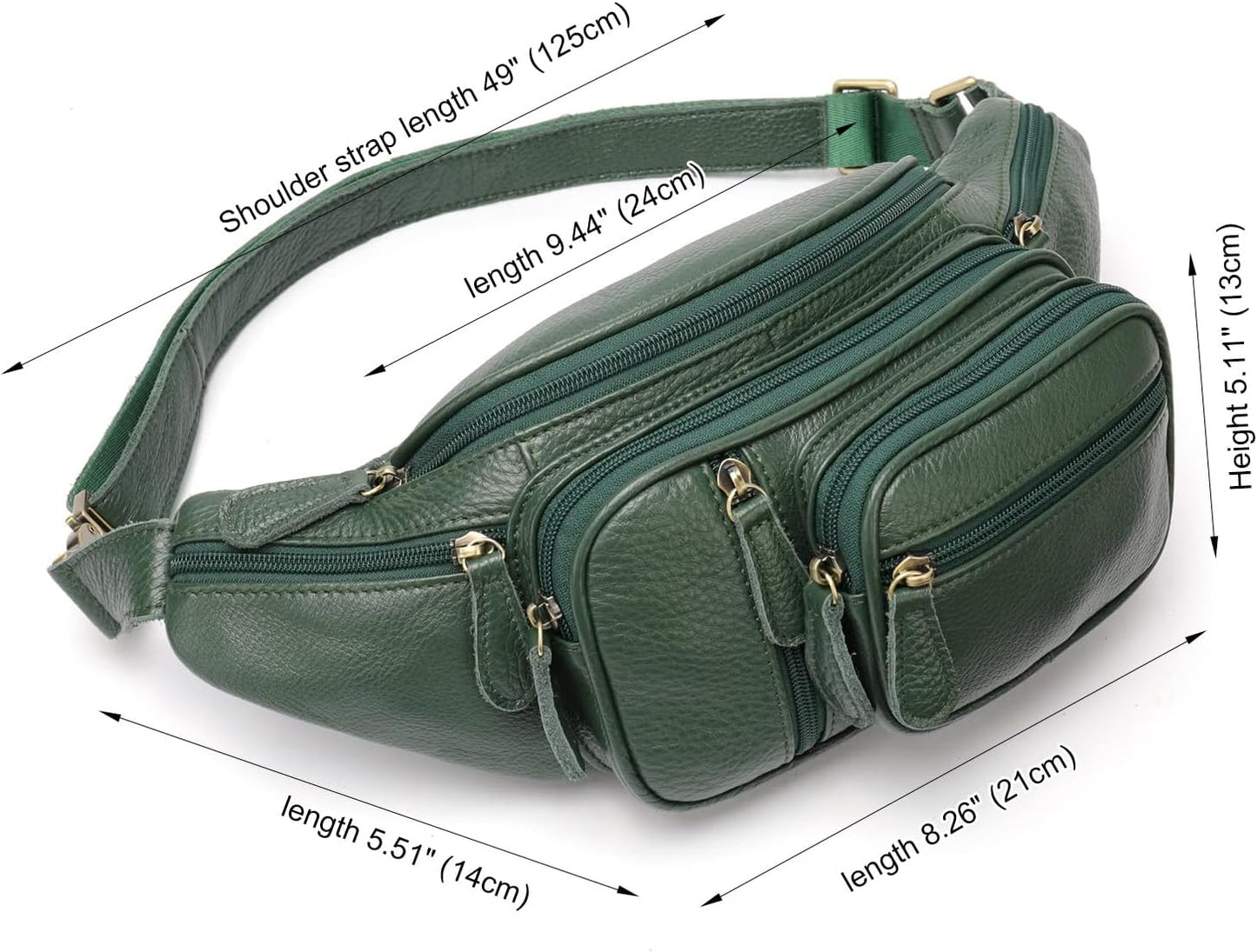 Genuine Leather Fanny Pack large capacity Crossbody Waist Bag with Zipper phone Pockets green