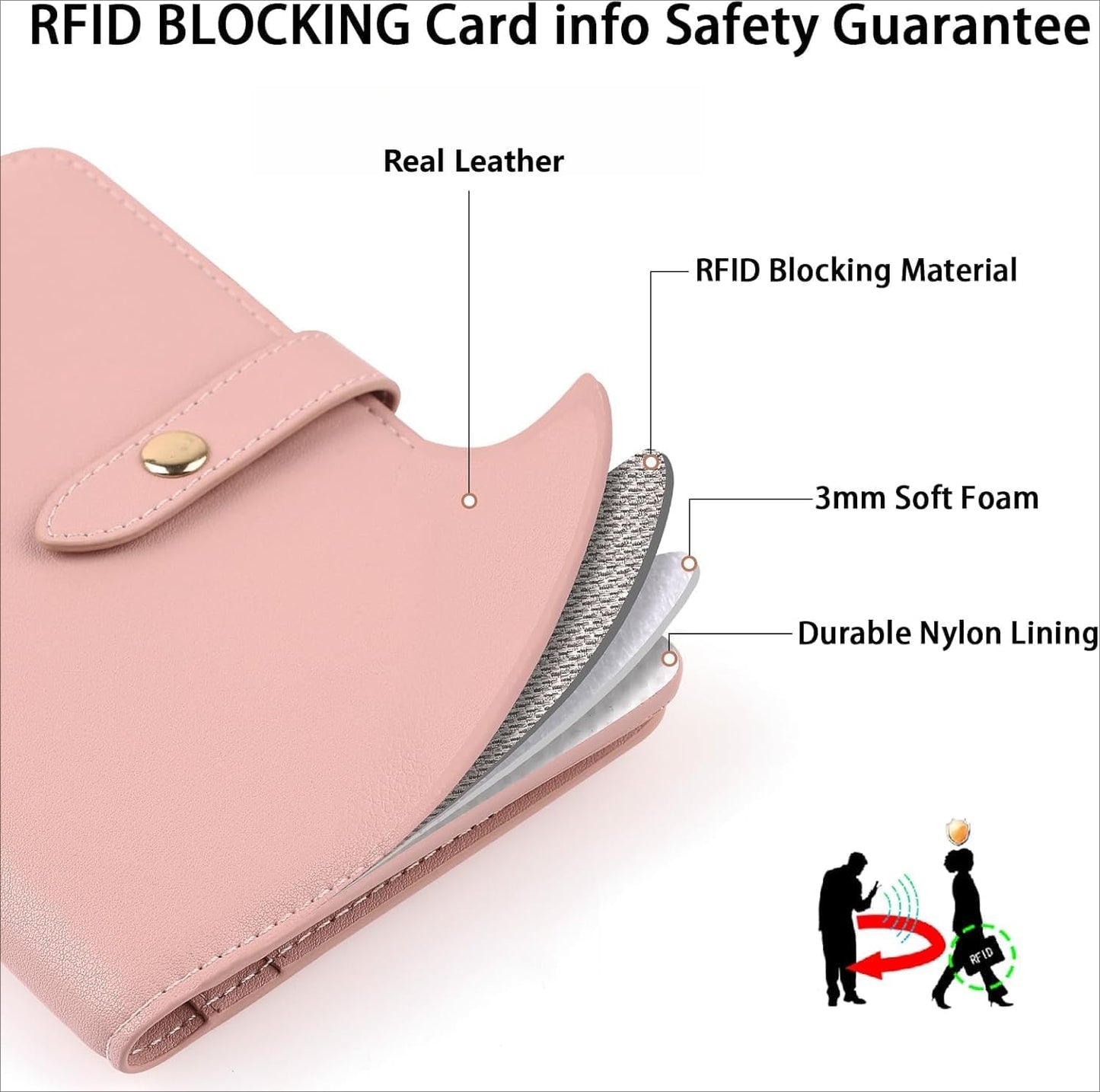 Real Leather Wallet Waterproof RFID Passport Holder Family Travel Black (Pink)