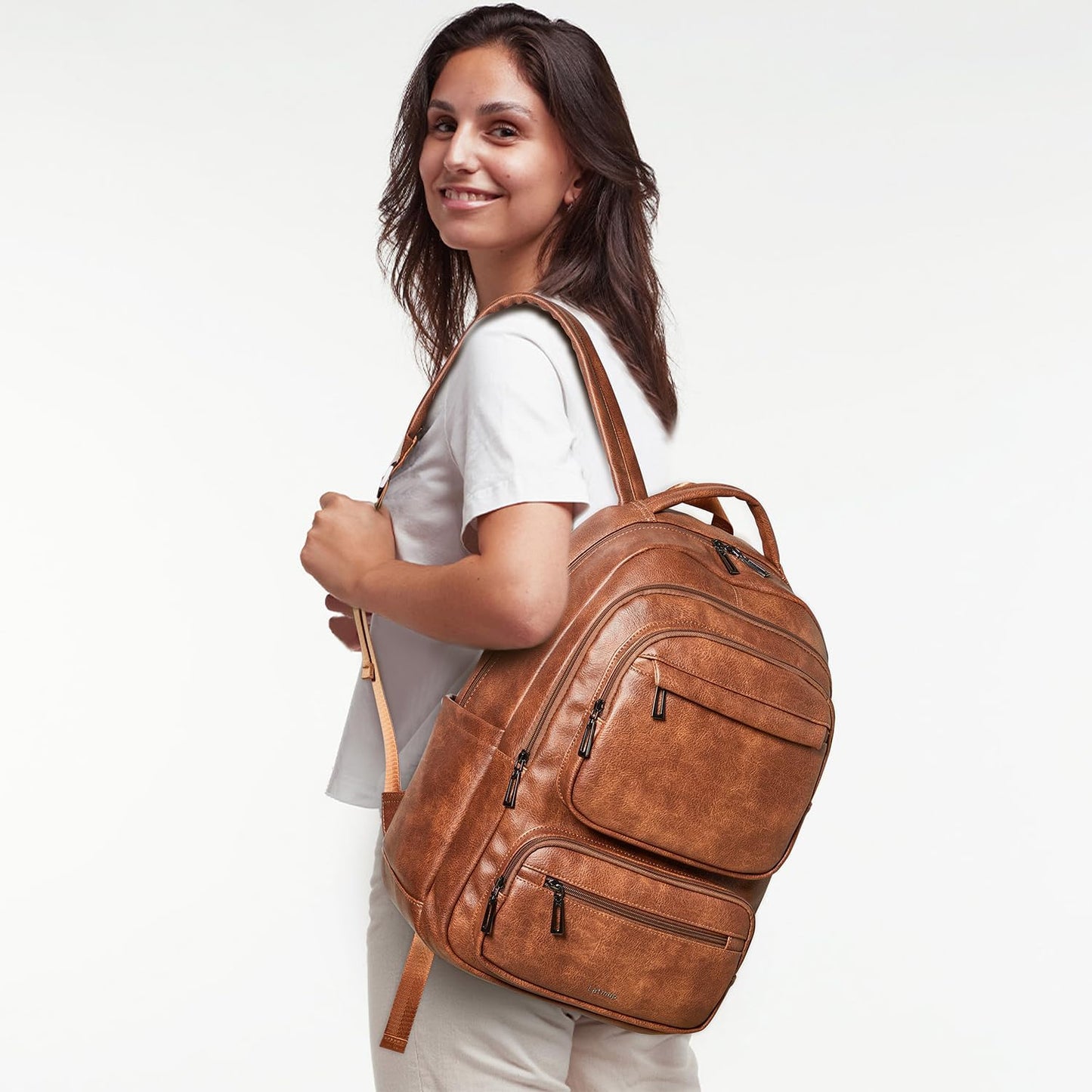 43L Backpack Purse For Women Leather Shoulder Diaper Bookbag Tote 17 16 15.6 Inch Laptop Bag Handbags For Travel Work College Large Brown