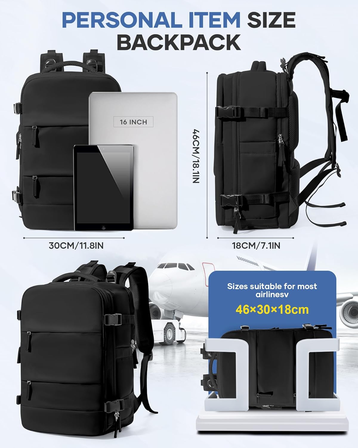 Vacuum Backpack Travel with Pump,Large Travel Backpack with Vacuum System,Mochila compresion al vacio,Flight Approved 18x14x8,Waterproof Carry on Personal Item Laptop Backpacks,Black