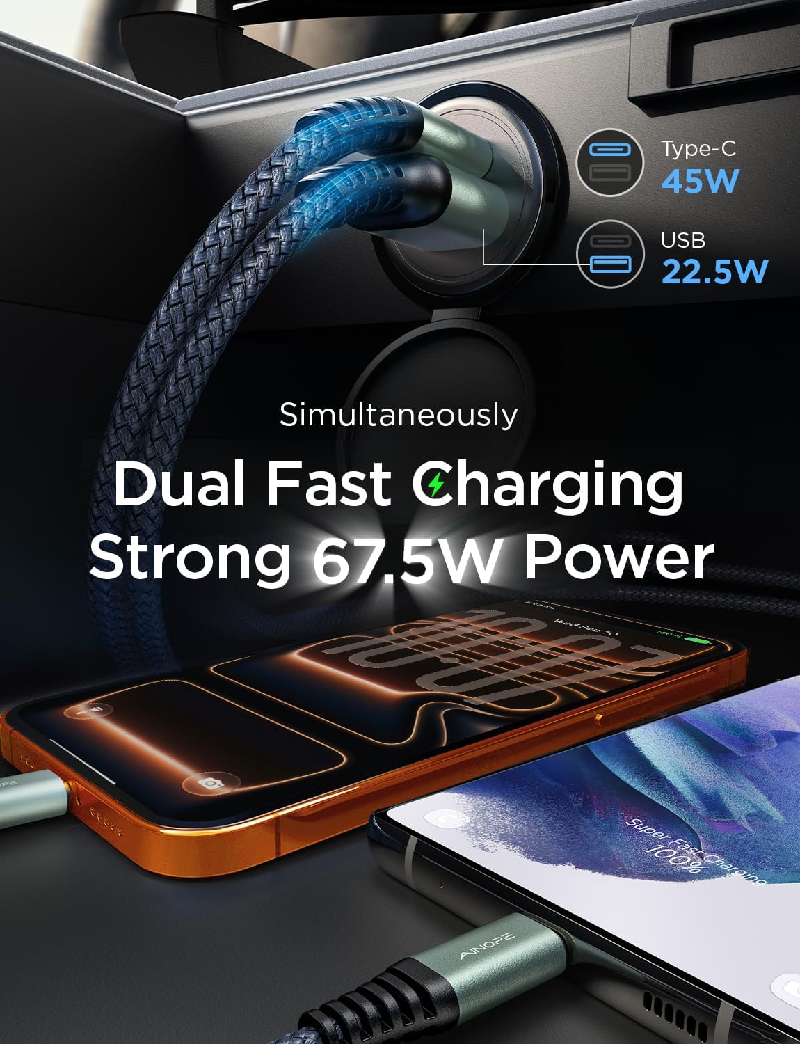 AINOPE 67.5W Super Mini Car Charger USB C 45W PD&QC 3.0 Fast Charging with C to Lighting Cable for iPhone 14 Pro Max 13 12 11, Samsung Galaxy S25, Android, All Metal Cigarette Lighter Adapter