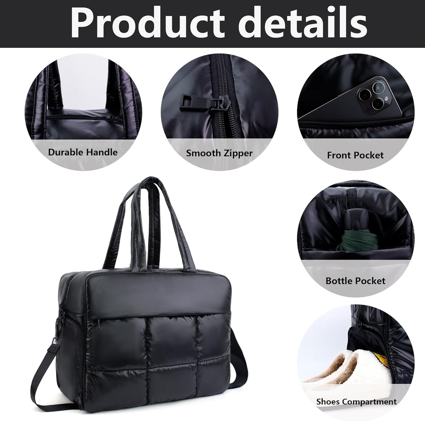 Weekender Fluffy Bag Quilted Nylon Puffer Tote Bag Personal Item Bag for Airlines Overnight Bag Gym Bag