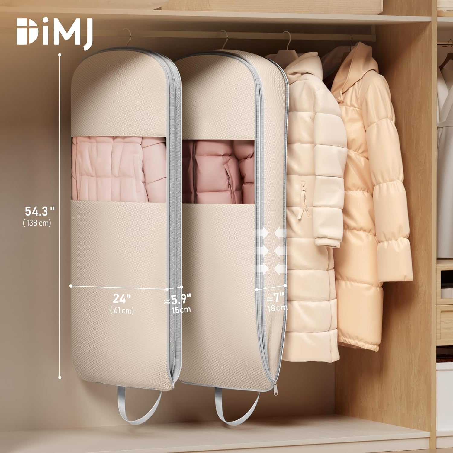 DIMJ 4 Pack 54" Garment Bags for Hanging Clothes - Space Saving Compression Suit Bag Travel with