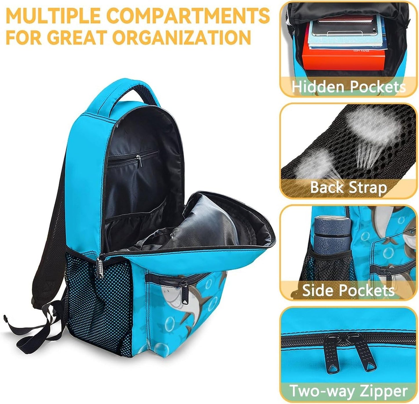 Shark Backpack with Lunch Box, Set of 3 School Backpacks Matching Combo, Funny Blue Bookbag and Pencil Case Bundle