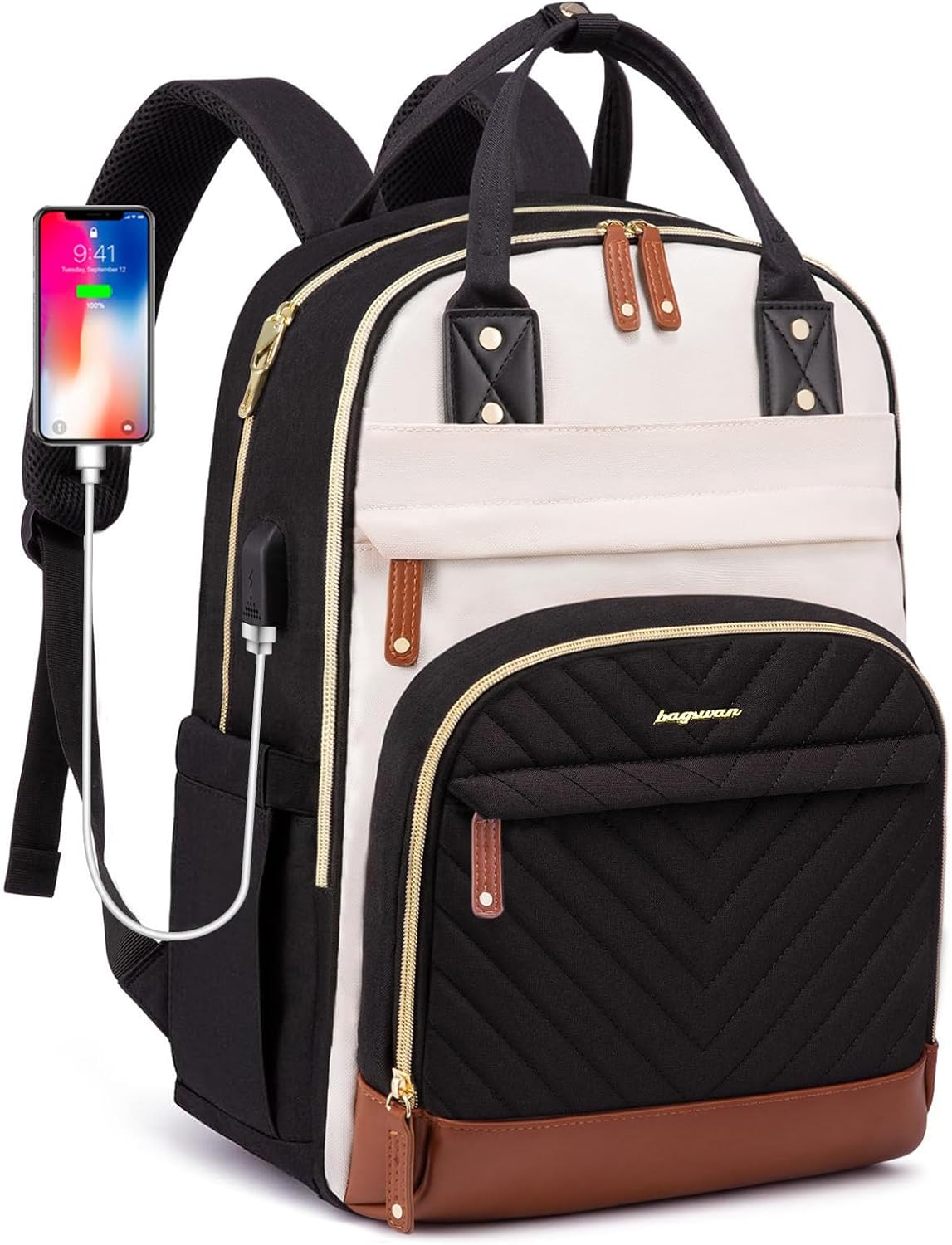 Laptop Backpack for Women College Bookbag - 17.3 Inch Fashion Travel Work Bag with USB Charger Anti-theft Business Backpacks for Nurse Teacher Beige Black Brown