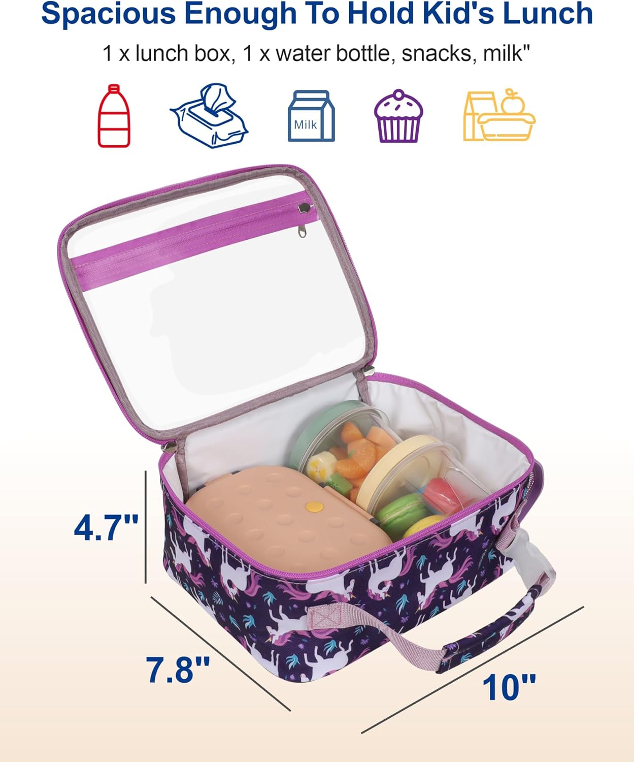 Bagseri 2pcs Clear Backpack for Girls - 15 Inch Backpack with Clear Lunch Bag, Heavy Duty Transparent Bookbag for School, See Through Bag for Kids Aged 3 to 8, Deep Purple Unicorn