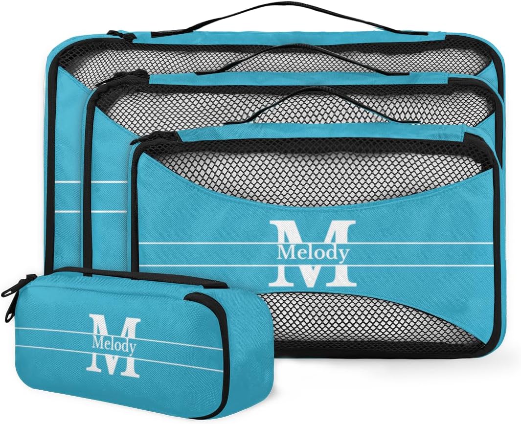 Custom 4 Packing Cubes Set, Lightweight Mesh Travel Luggage Organizers for Travel, Lake Blue Initial Letter 4 Pieces Suitcase Storage Bags