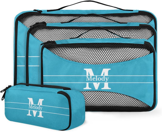 Custom 4 Packing Cubes Set, Lightweight Mesh Travel Luggage Organizers for Travel, Lake Blue Initial Letter 4 Pieces Suitcase Storage Bags