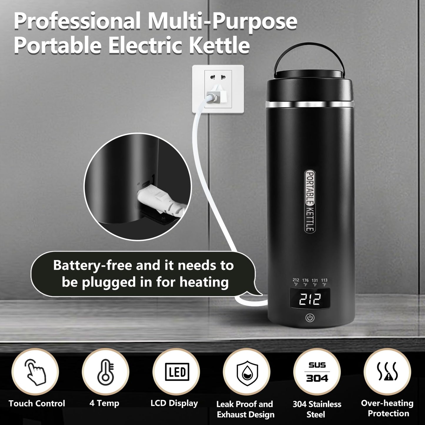 Travel Kettle, Portable Electric Kettle for 4 Temperature Controls, Black